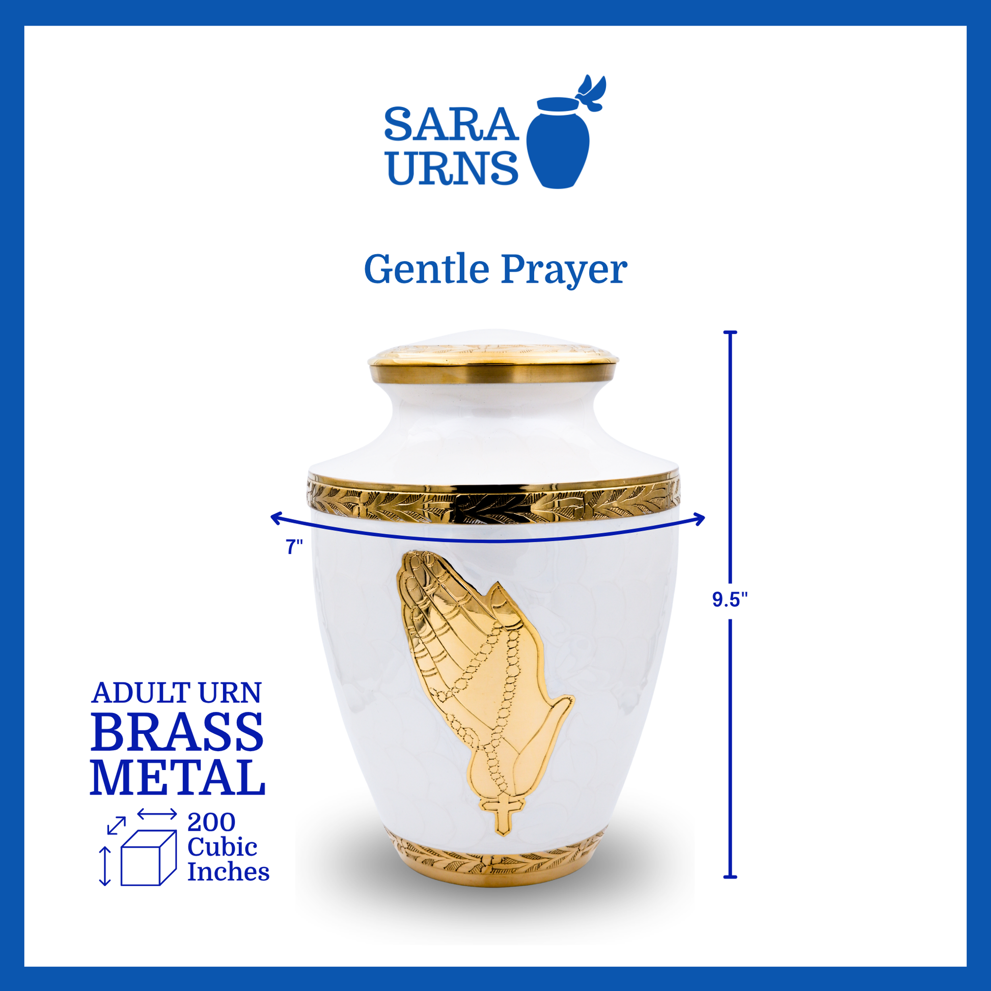 A white polished brass metal urn that is specified as 7 inches in diameter, 9.5 inches tall and is 200 cubic inches.