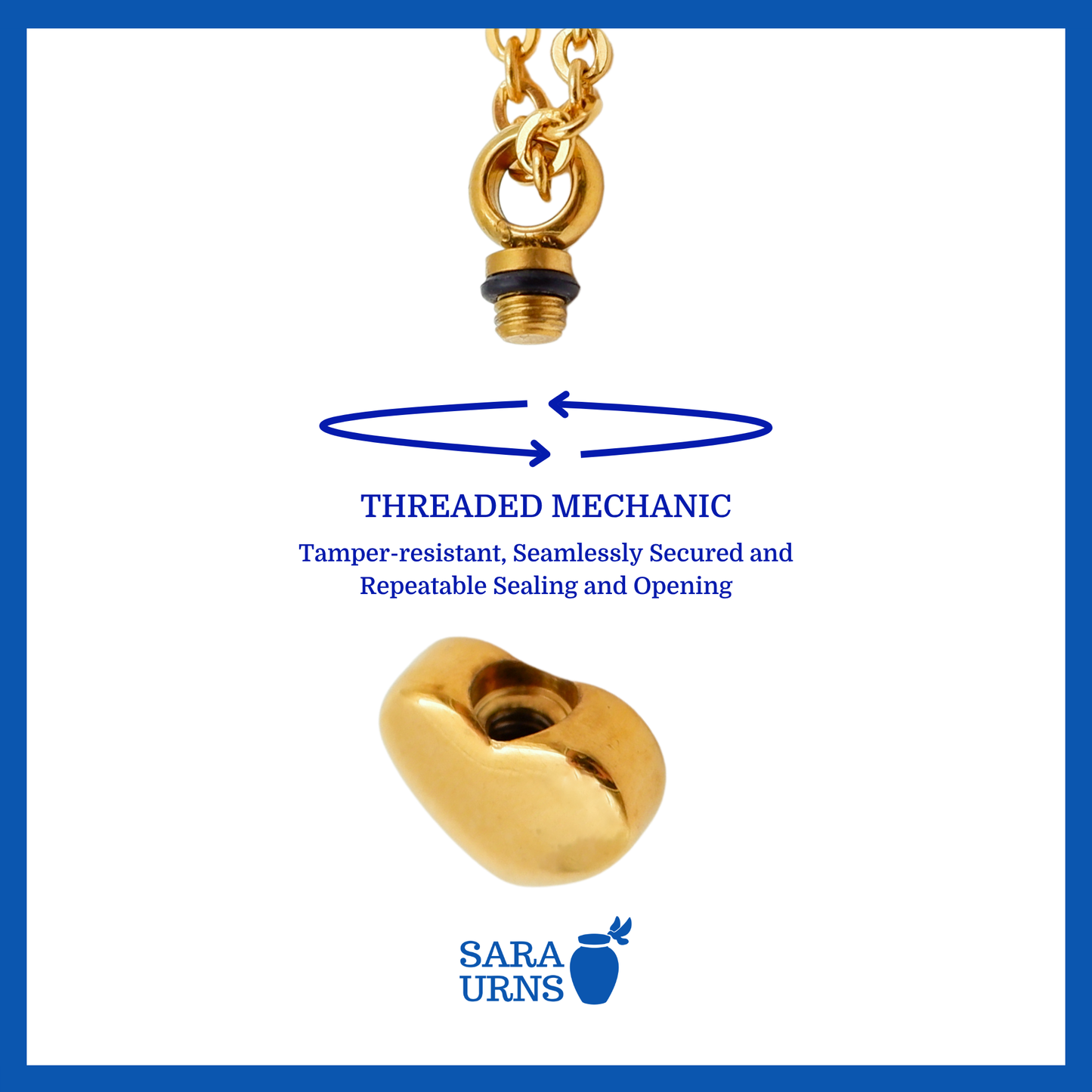A presentation of a gold, heart-shaped ash necklace’s threaded lid which highlights its safety and security.