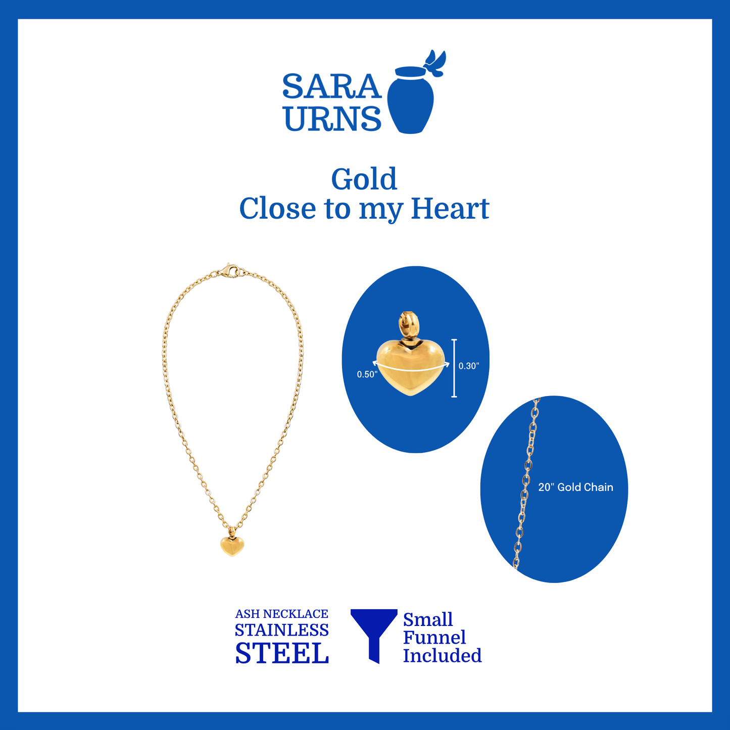 A presentation of a gold heart-shaped ash necklace’s pendant that is specified as 0.50 inches in width and 0.30 inches in height with a 20-inch chain.