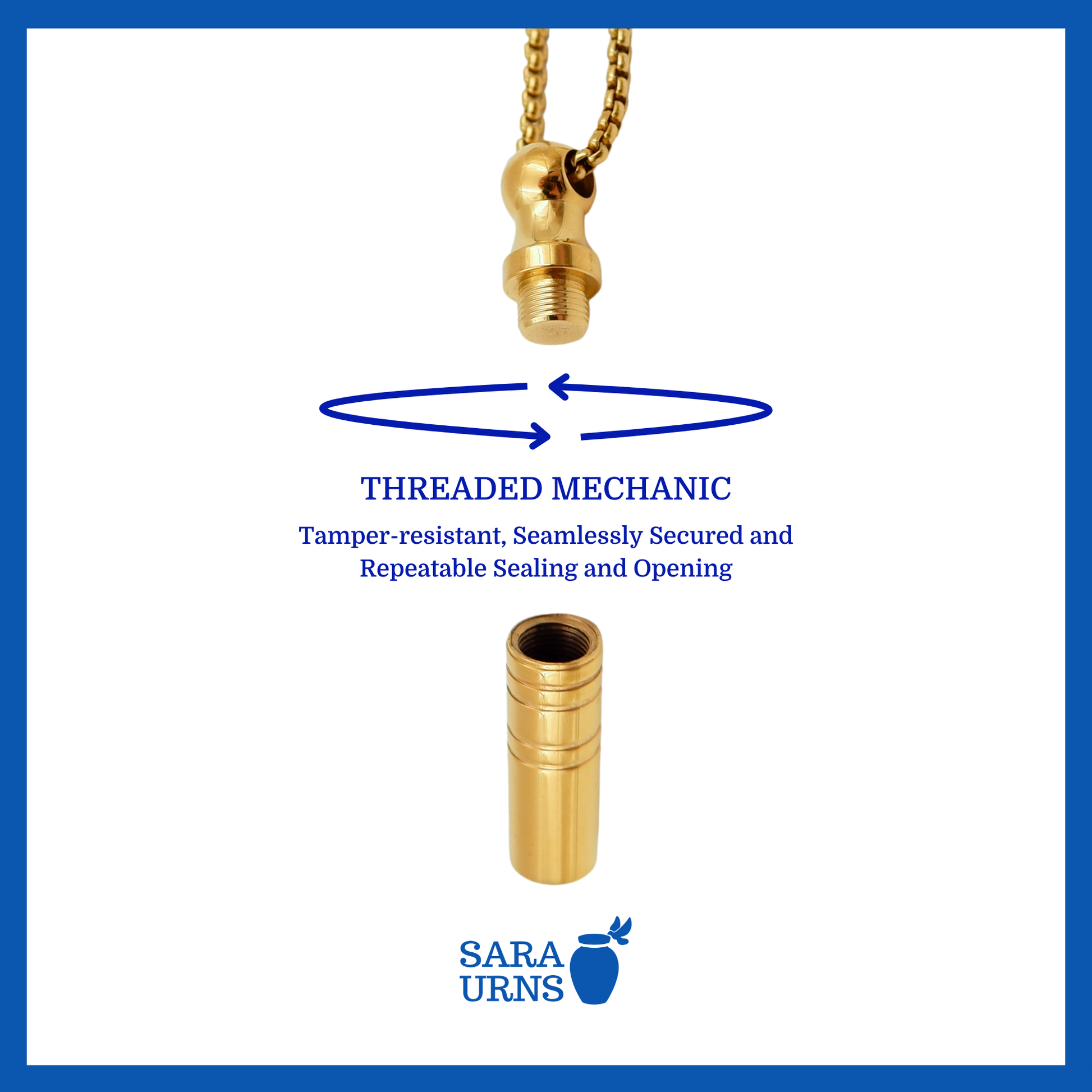 A presentation of a plain, cylinder-shaped gold stainless steel ash necklace’s threaded lid which highlights its safety and security.