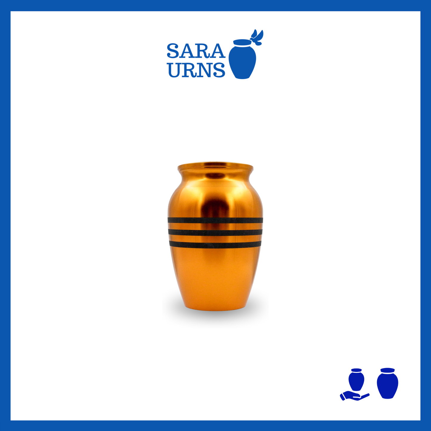 A gold alloy metal keepsake urn with three black stripes over a white background.