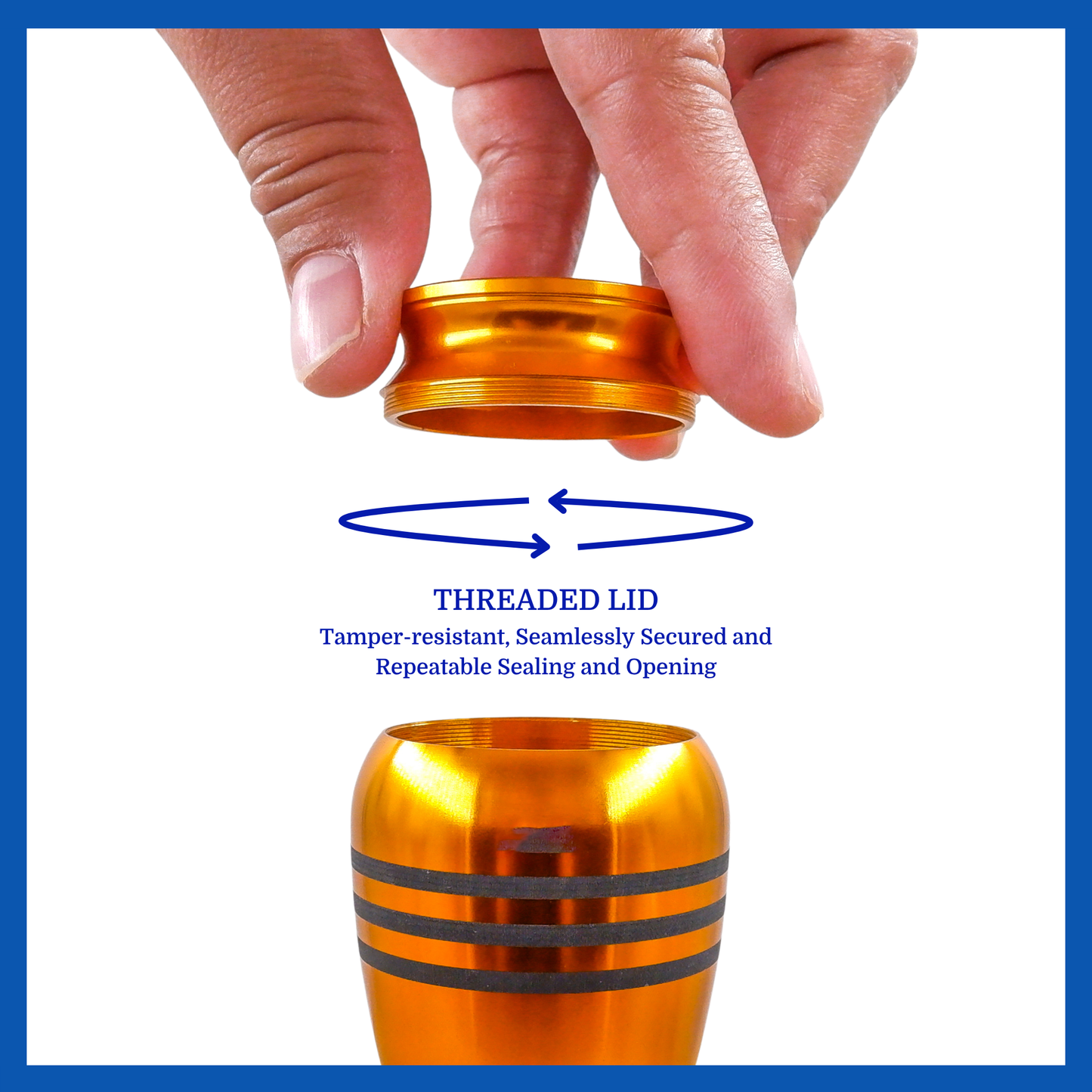 A presentation of a gold alloy metal keepsake urn’s threaded lid which highlights its safety and security.