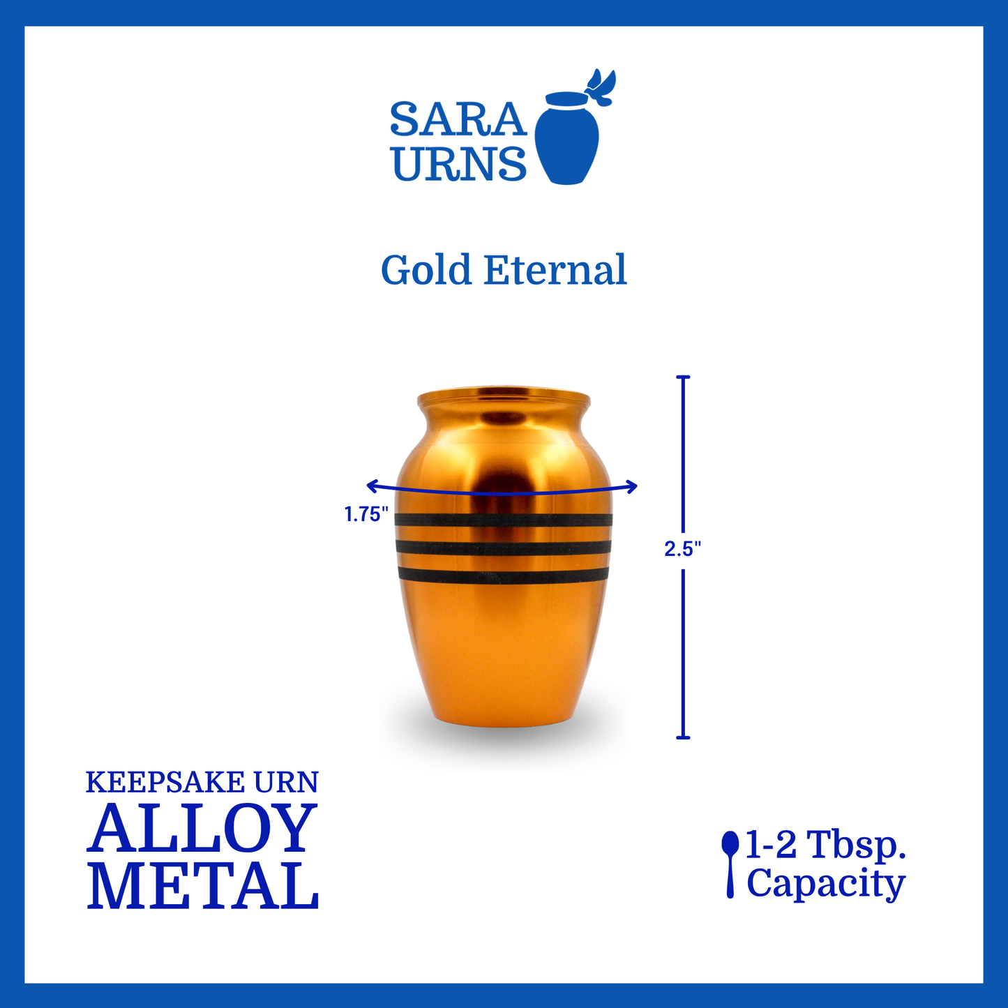 A gold alloy metal keepsake urn with three black stripes that is specified as 1.75 inches in diameter, 2.5 inches tall and can fit approximately 1 to 2 tablespoons of ashes.