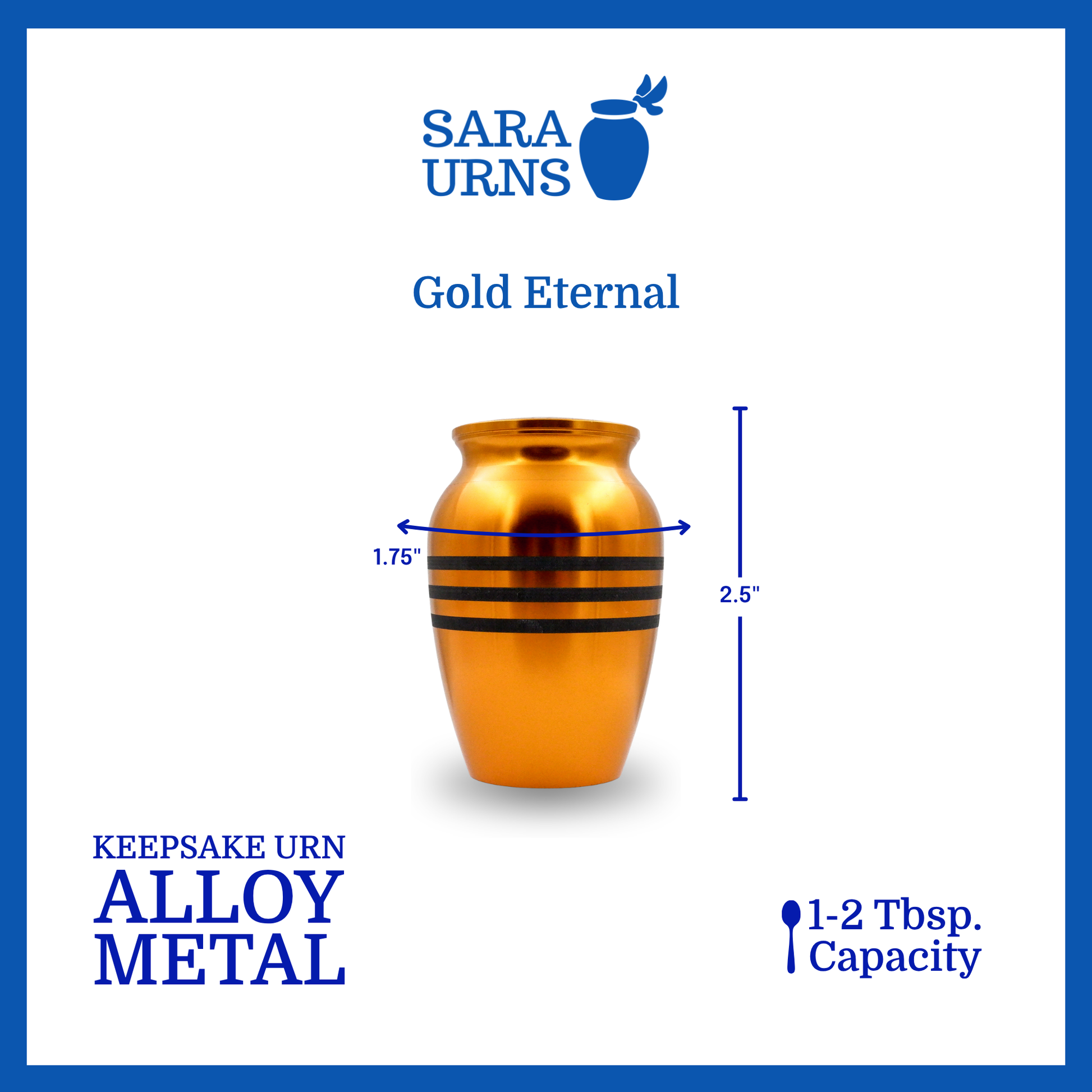 A gold alloy metal keepsake urn with three black stripes that is specified as 1.75 inches in diameter, 2.5 inches tall and can fit approximately 1 to 2 tablespoons of ashes.