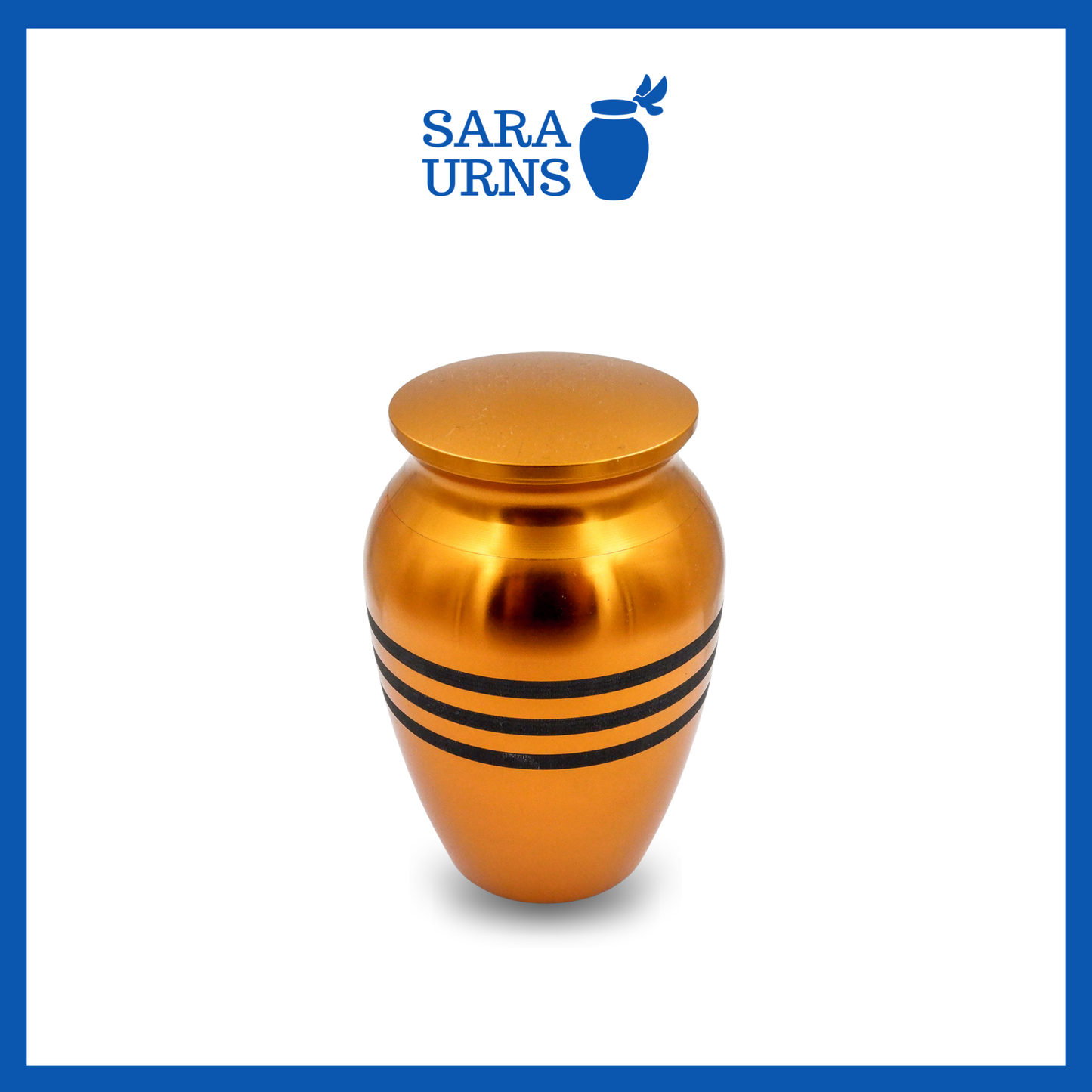 A higher angle of a gold alloy metal keepsake urn with three black stripes over a white background.