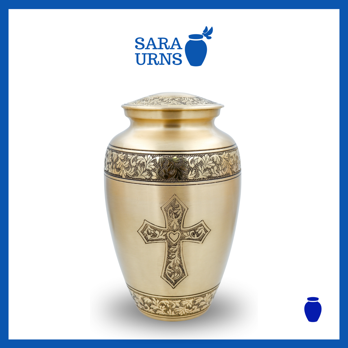 A gold polished brass metal urn with a hand-etched holy cross over a white background.