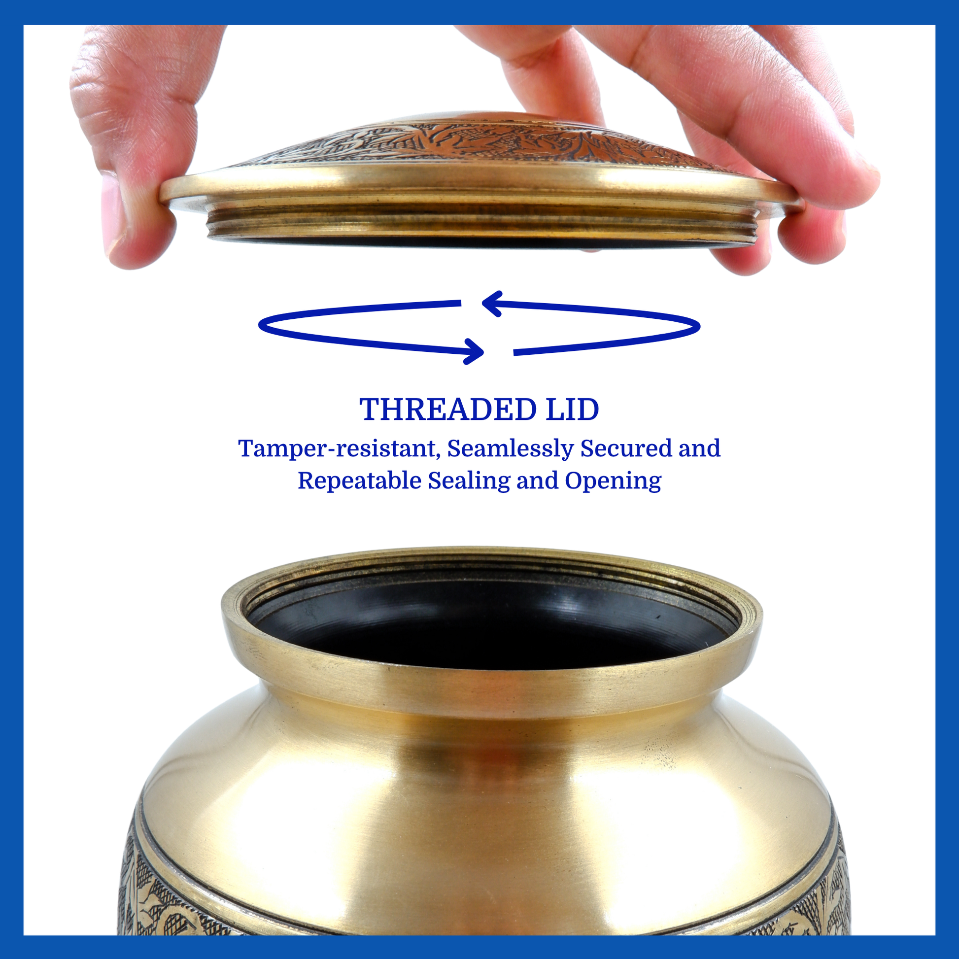 A gold polished brass metal urn’s threaded lid which highlights its safety and security.
