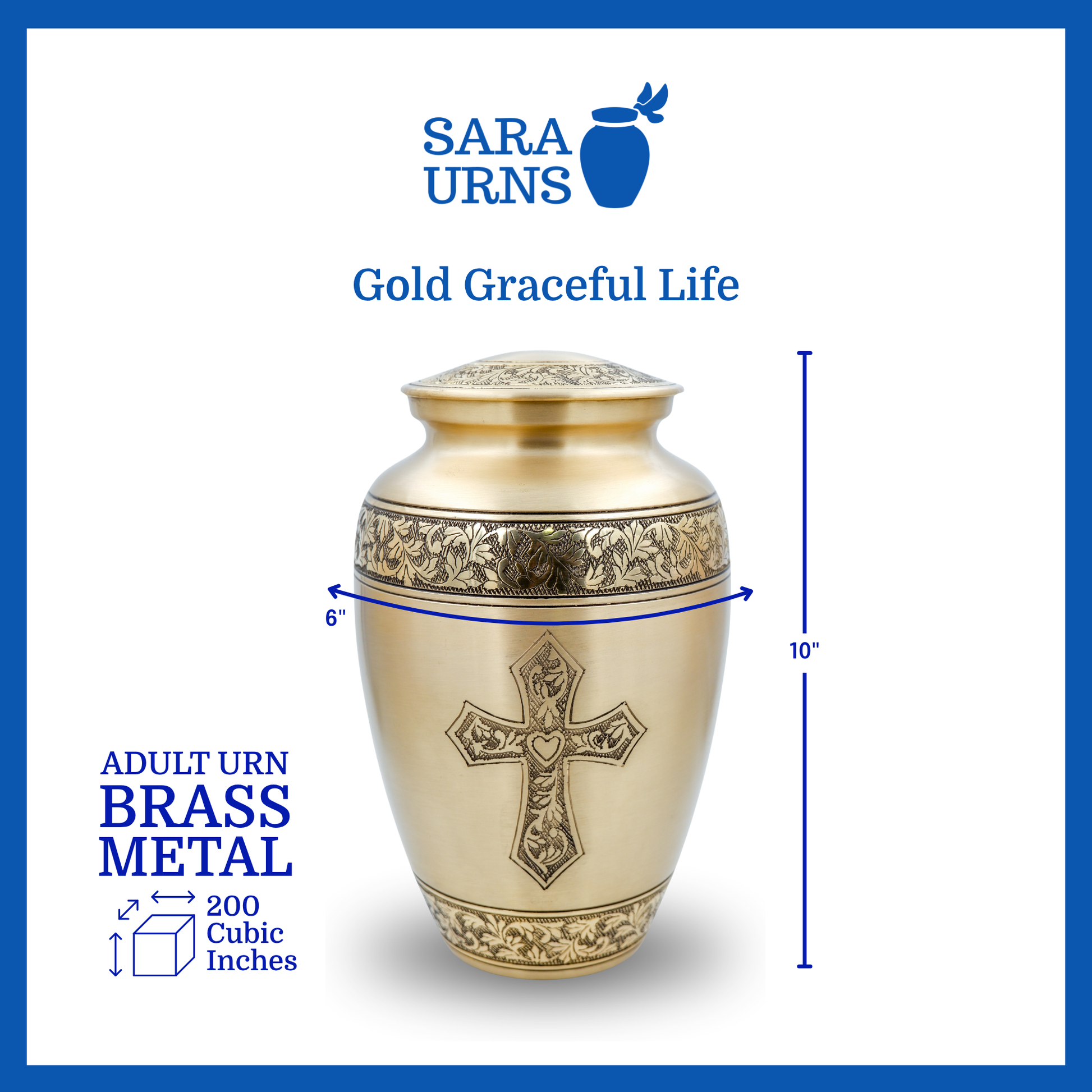 A gold polished brass metal urn with a hand-etched holy cross that is specified as 6 inches in diameter, 10 inches tall and is 200 cubic inches.