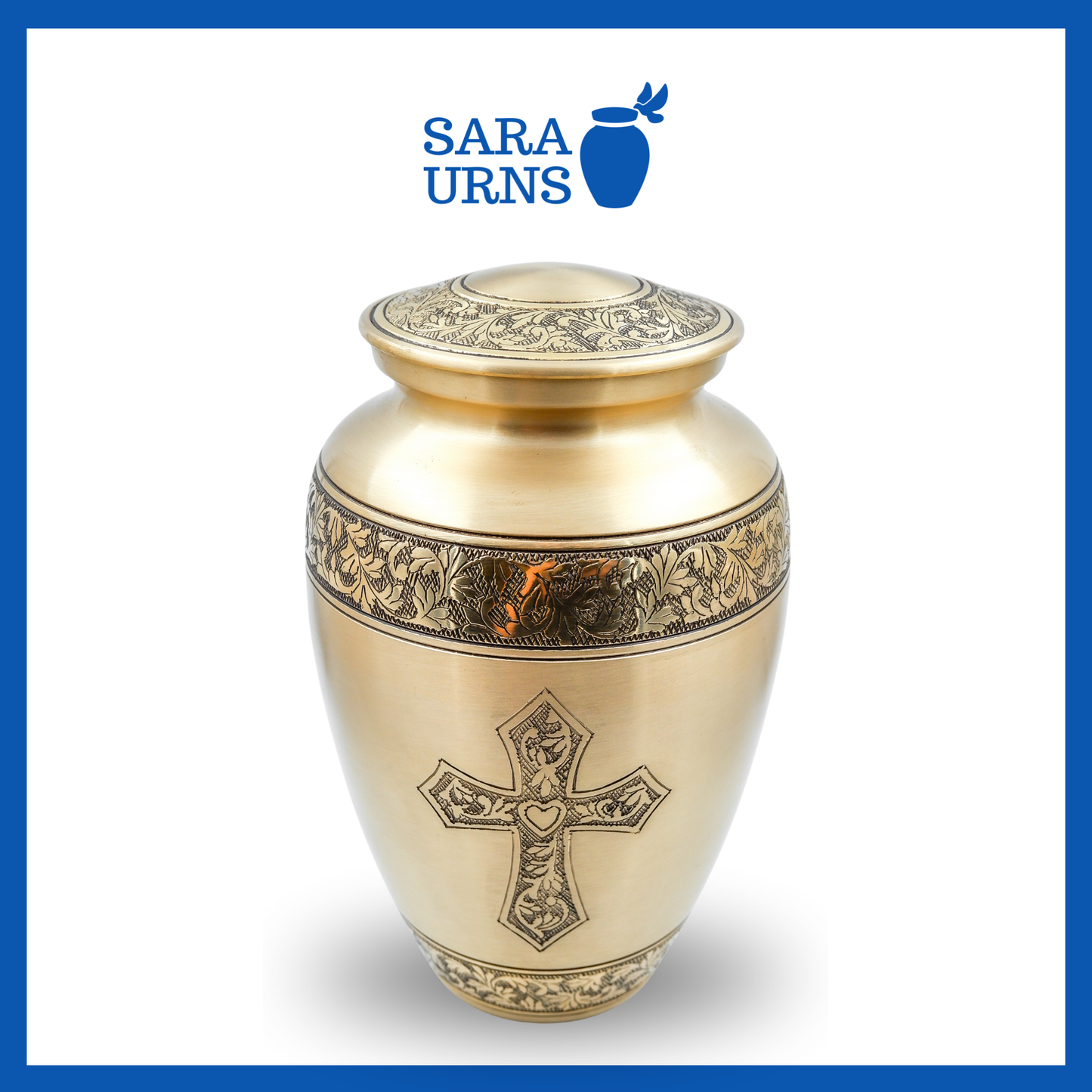 A higher angle of a gold polished brass metal urn with a hand-etched holy cross over a white background.