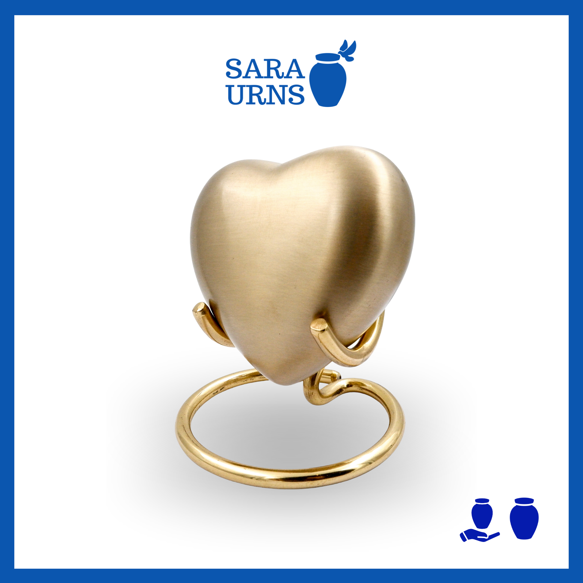 A gold heart-shaped brass metal keepsake urn over a white background.