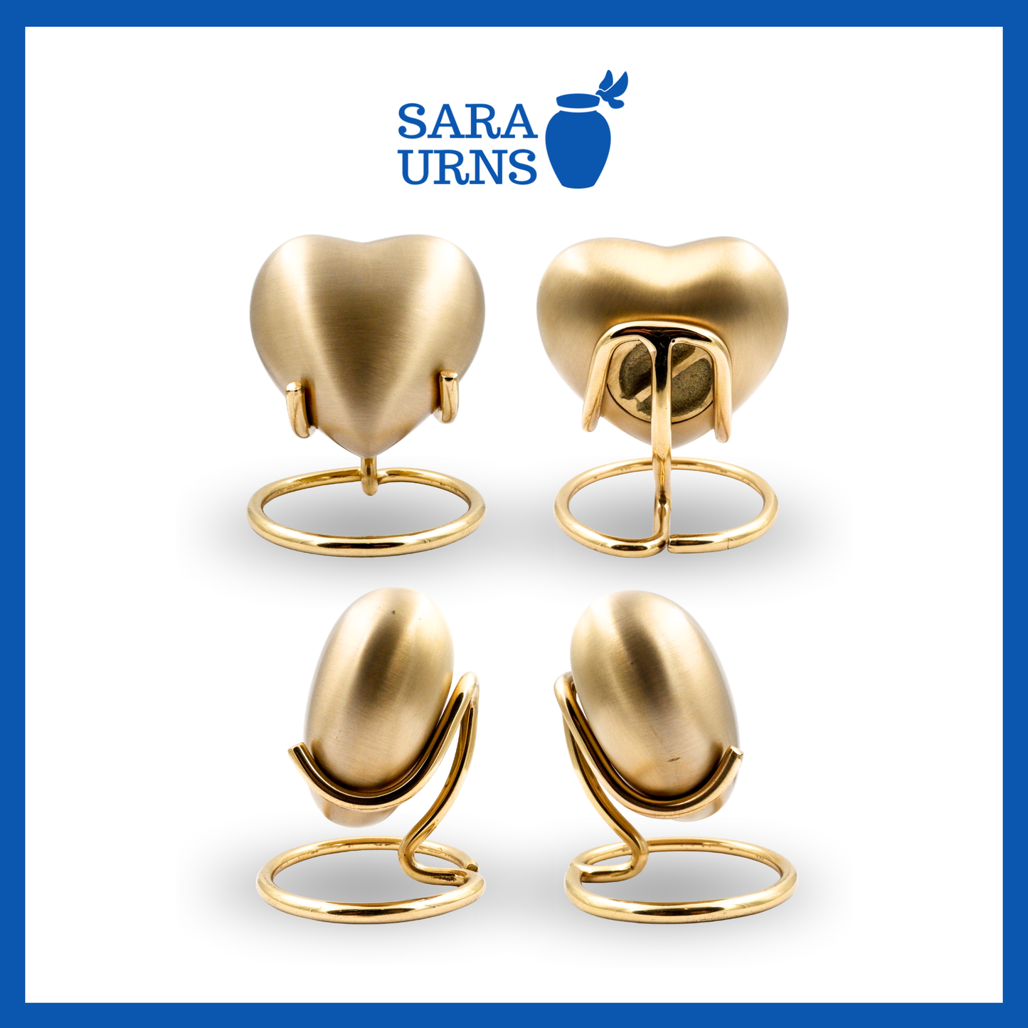 A presentation of a gold heart-shaped brass metal keepsake urn’s four sides including the front, back, right side and left side.