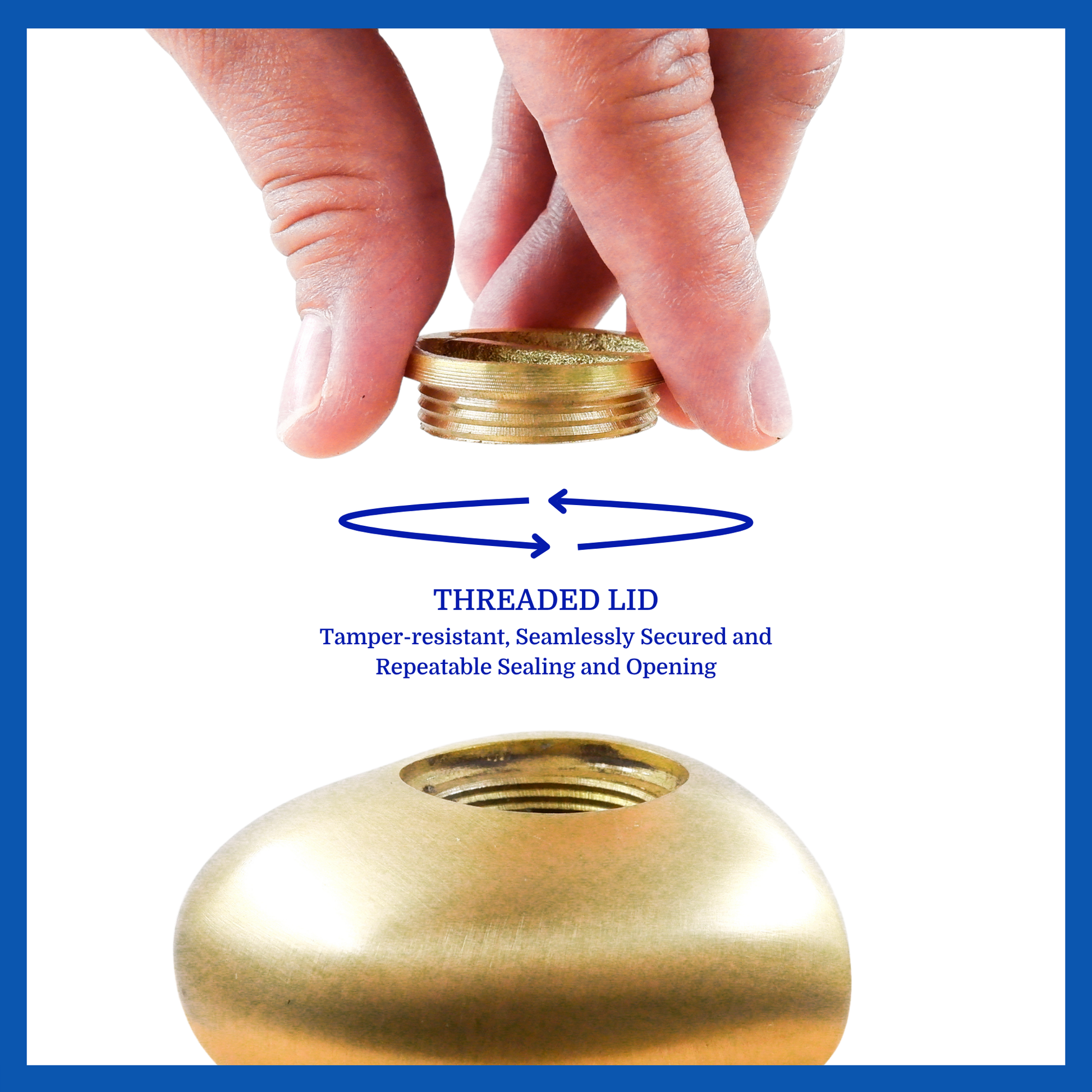 A presentation of gold heart-shaped brass metal keepsake urn’s threaded lid which highlights its safety and security.