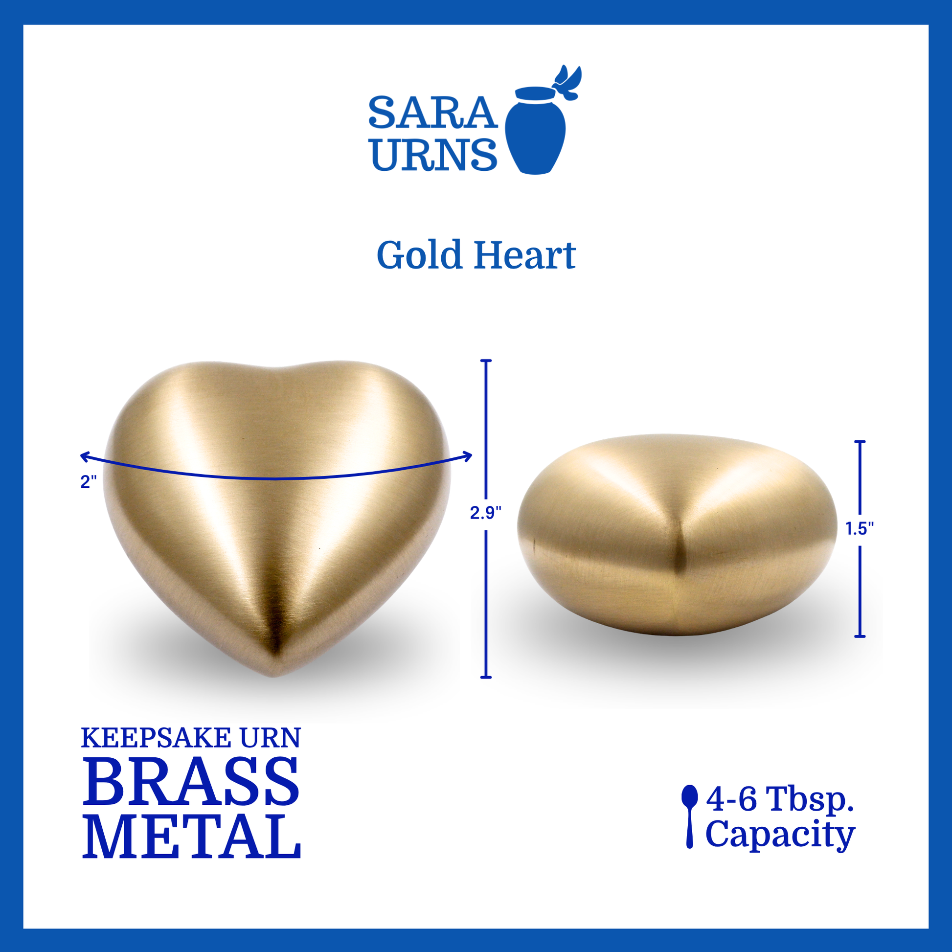 A gold heart-shaped brass metal keepsake urn that is specified as 1.5 inches in height, 2 inches in width and 2.9 inches in length and can approximately fit 4 to 6 tablespoons of ashes.