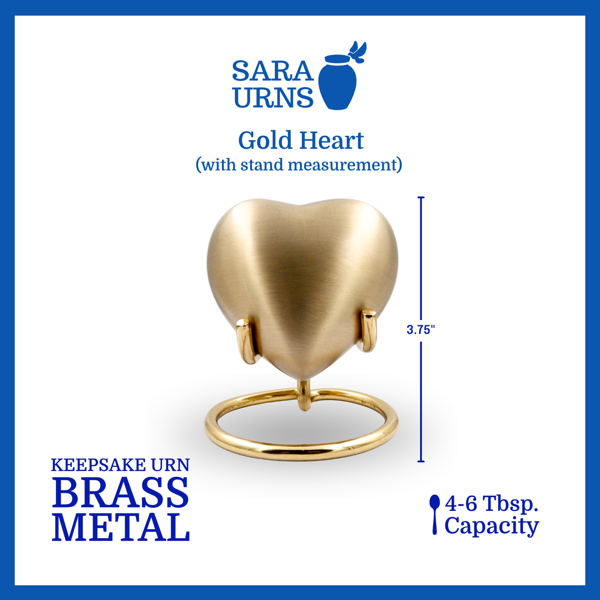 A gold heart-shaped brass metal keepsake urn that is specified as 3.75 inches high together with the free holder stand.