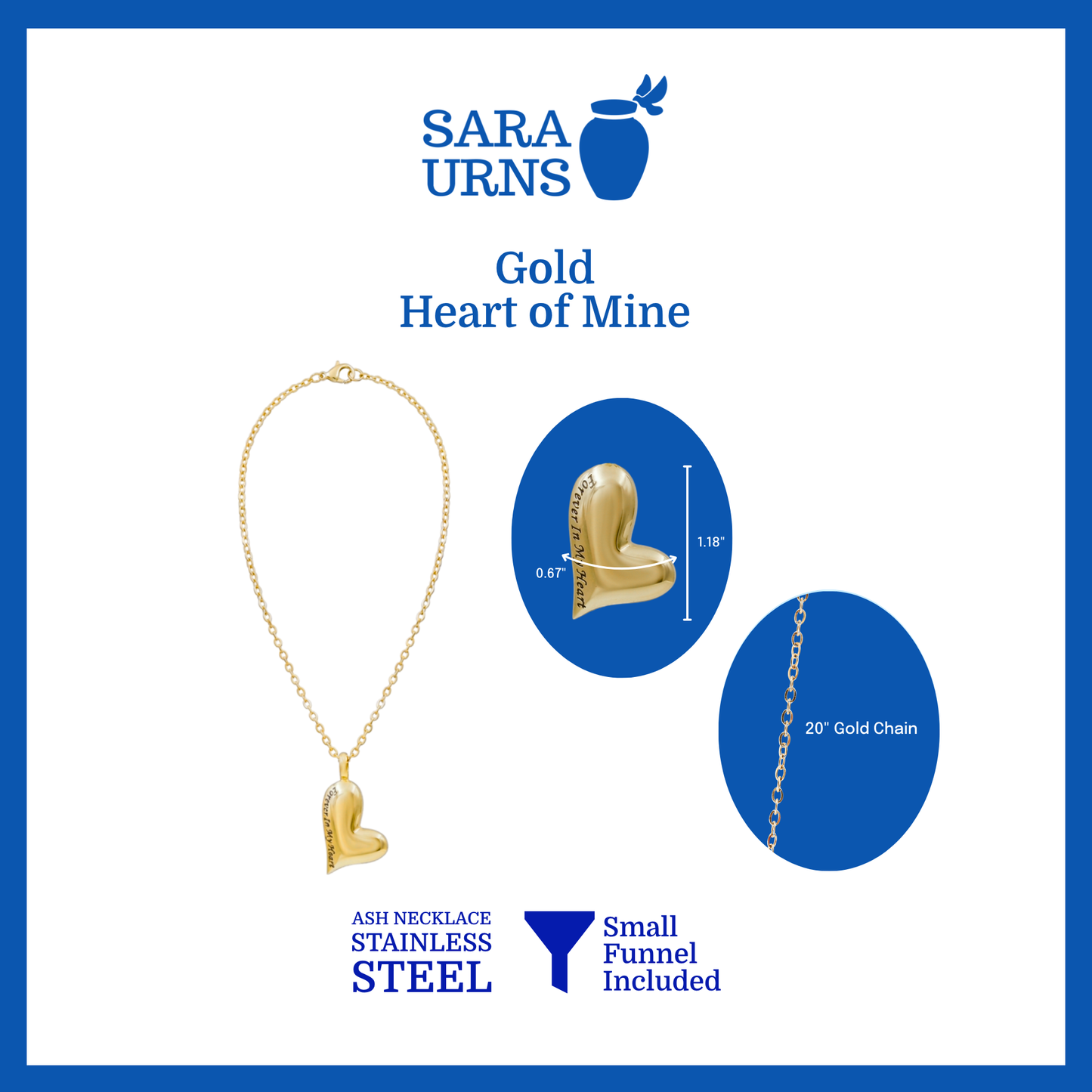 A presentation of a gold ash necklace’s pendant with a unique heart shape that is specified as 0.67 inches in width and 1.18 inches in height with a 20-inch chain.
