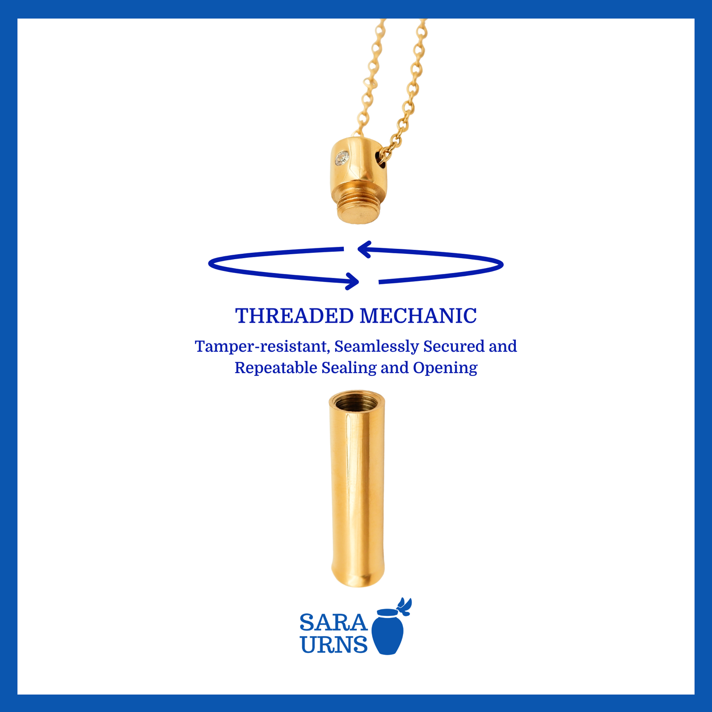 A presentation of a gold cylinder ash necklace’s threaded lid which highlights its safety and security.