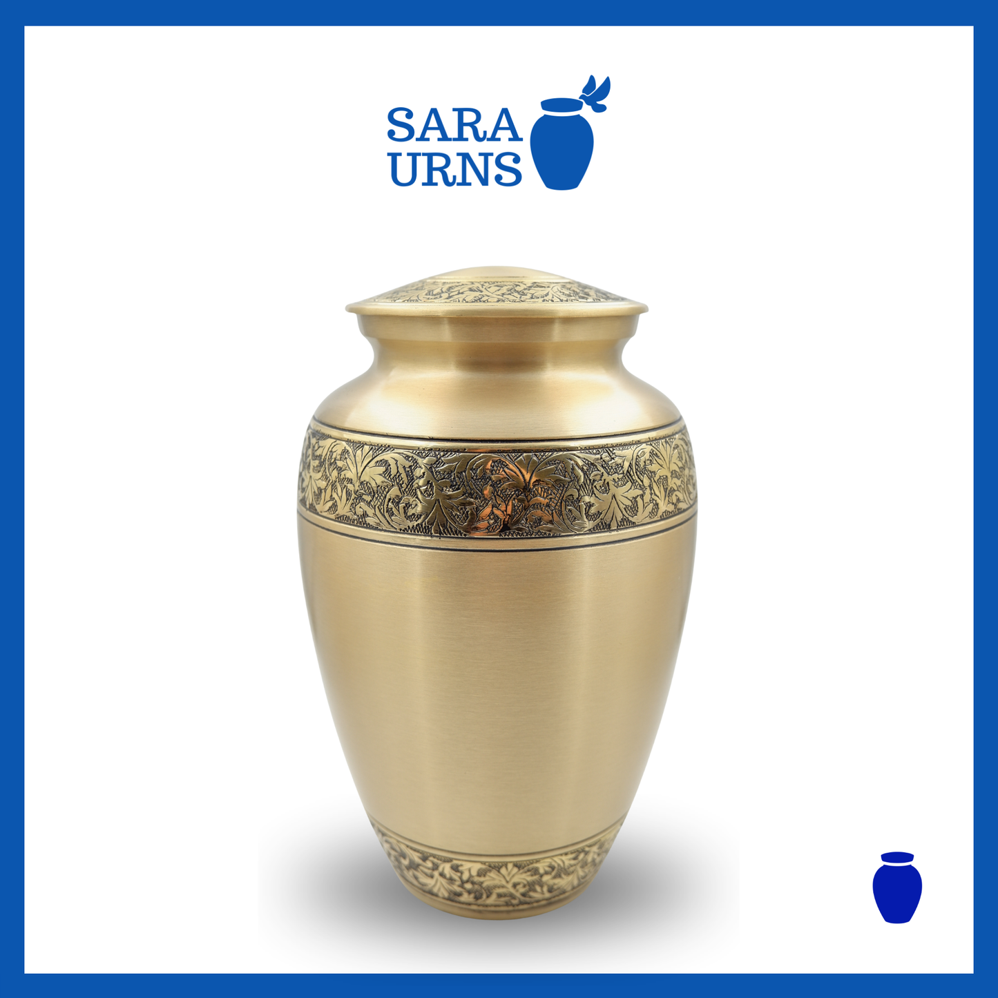 A gold polished brass metal urn with hand-etched details on its body and lid over white background.