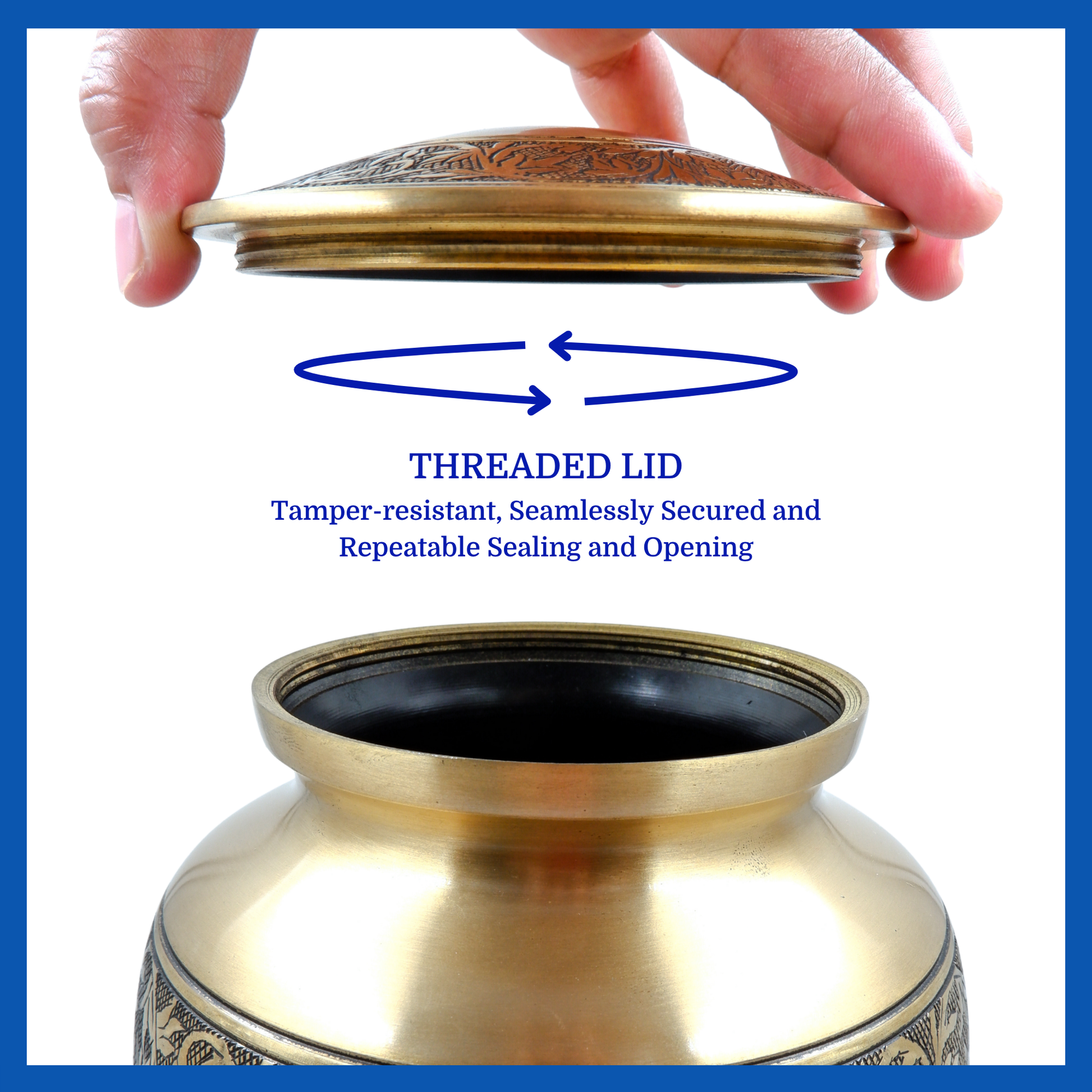 A presentation of a gold polished brass metal urn’s threaded mechanic which highlights its safety and security.