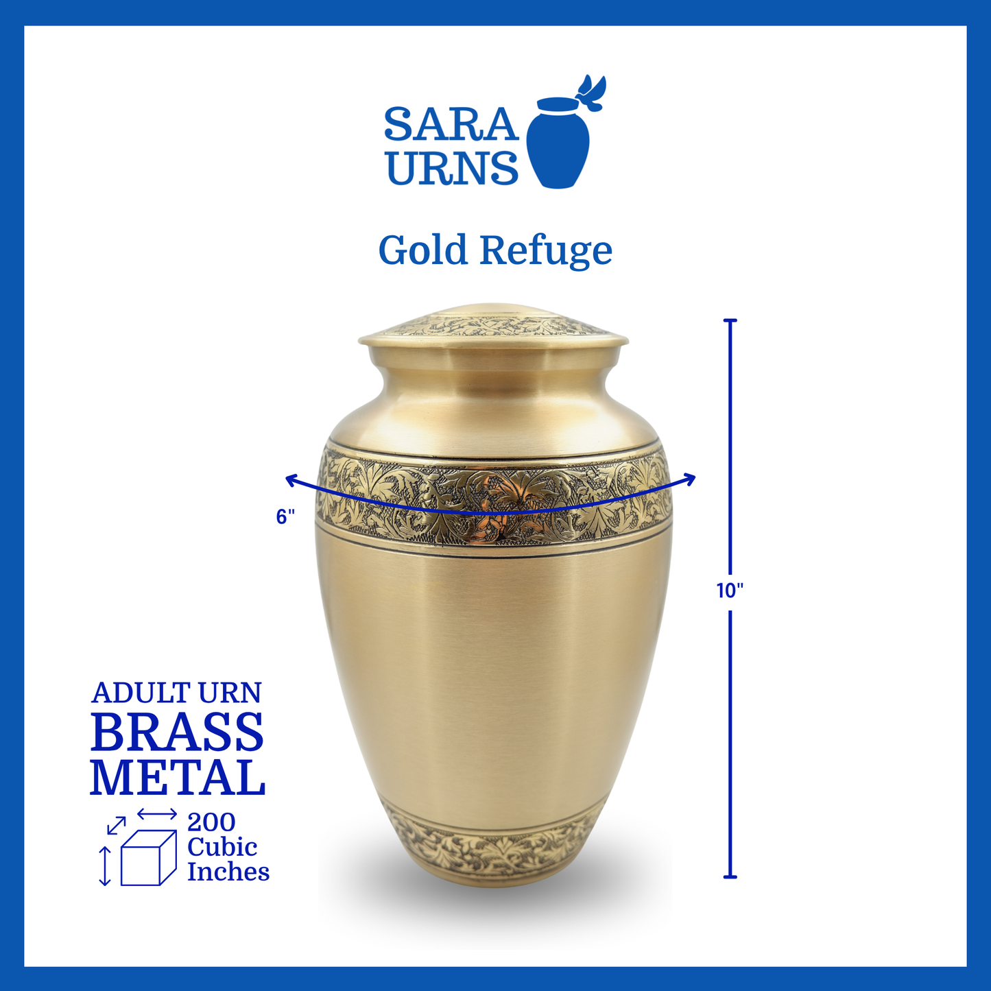 A gold polished brass metal urn with hand-etched details on its body and lid that is specified as 6 inches in diameter, 10 inches tall and is 200 cubic inches.