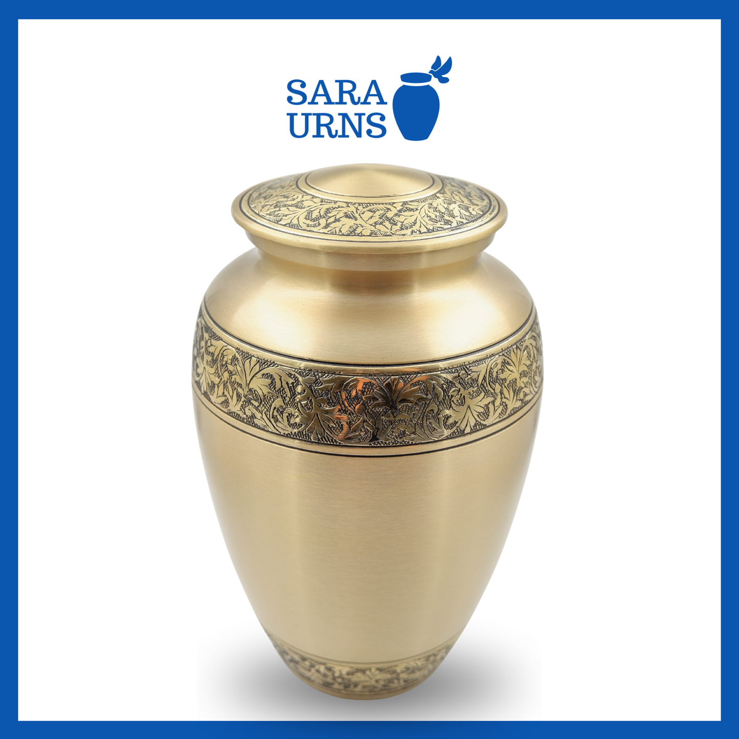 A higher angle of a gold polished brass metal urn with hand-etched details on its body and lid over a white background.
