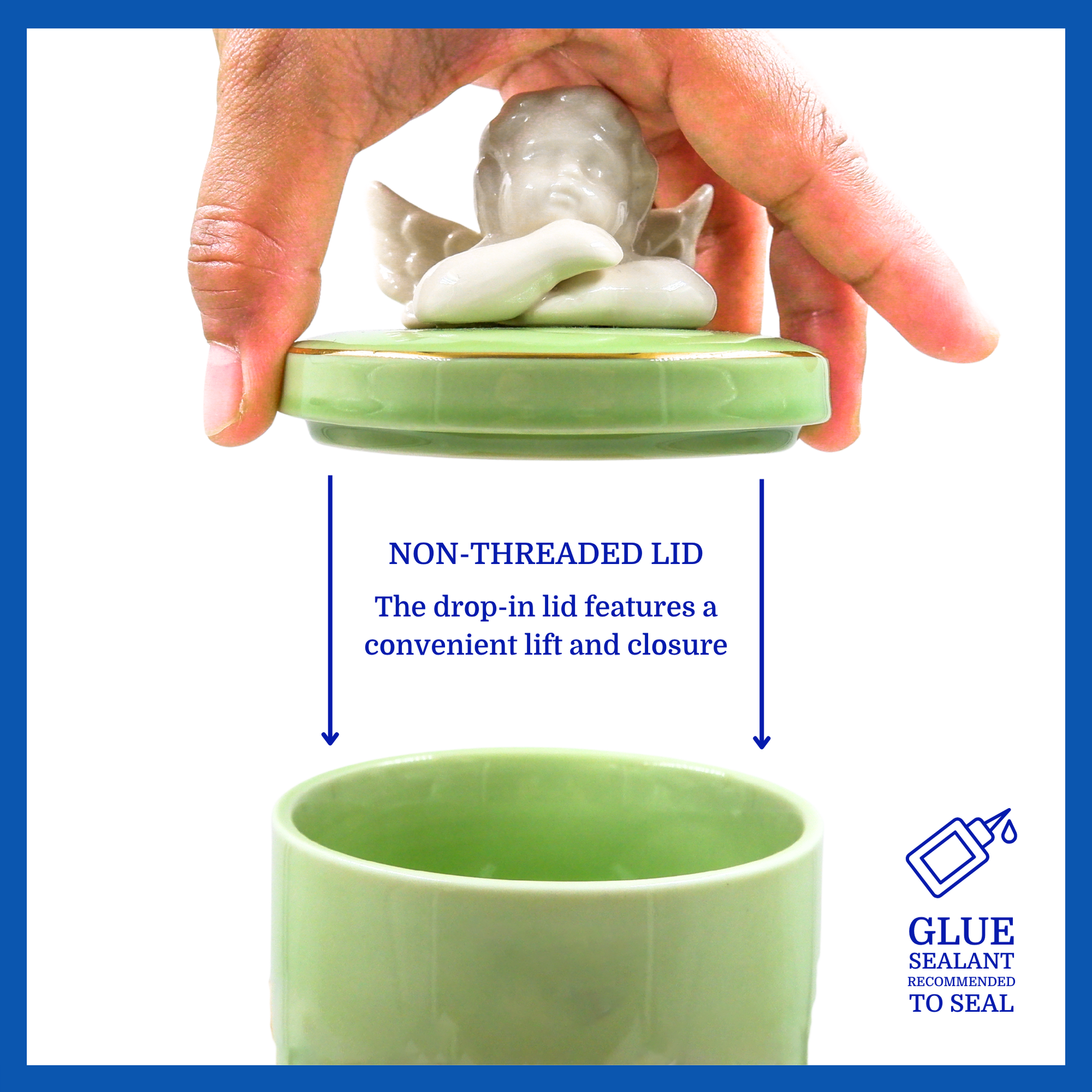 A presentation of a green polished ceramic baby urn’s non-threaded lid which highlights its accessibility.
