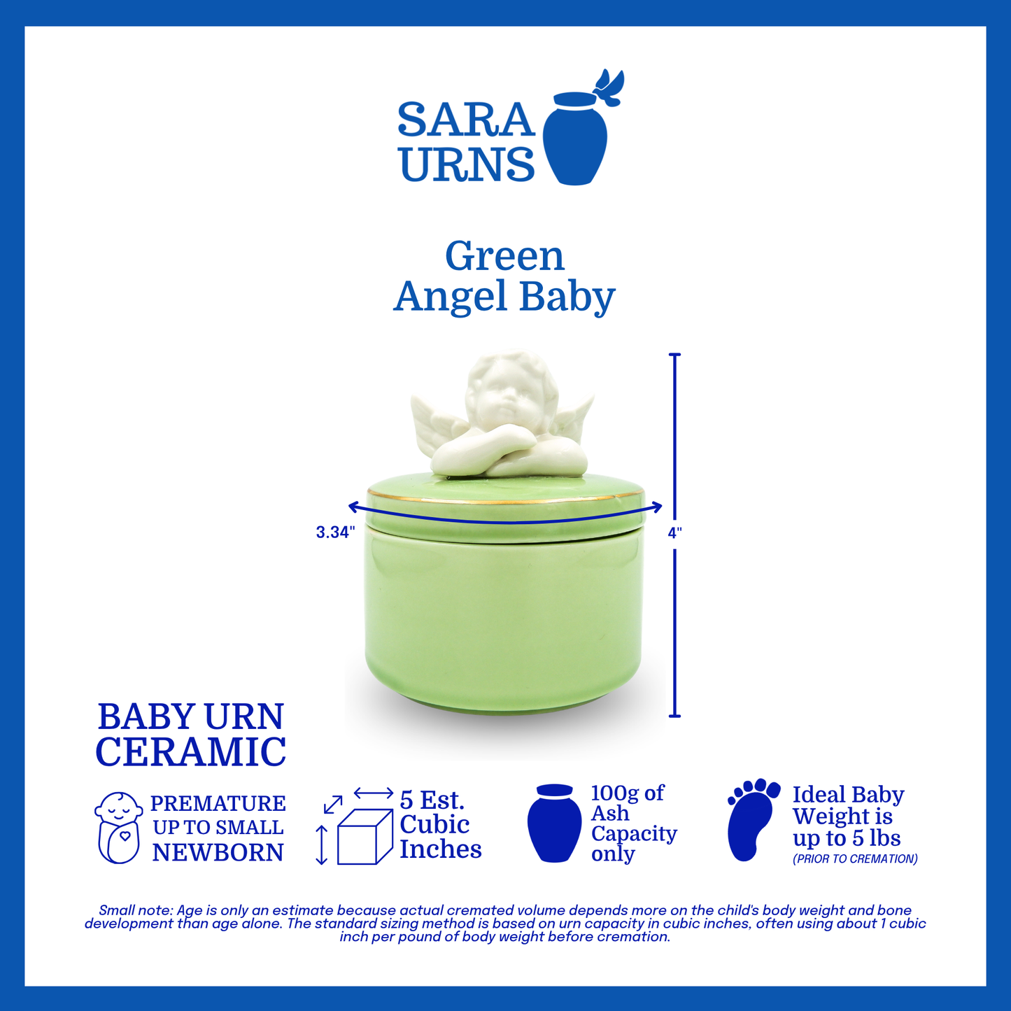 A green polished ceramic baby urn with a cherub lid that is specified as 3.34 inches in diameter, 4 inches tall and can fit up to 100 grams of capacity. The ideal baby weight is up to 5 pounds and the estimated age is premature up to a small newborn.