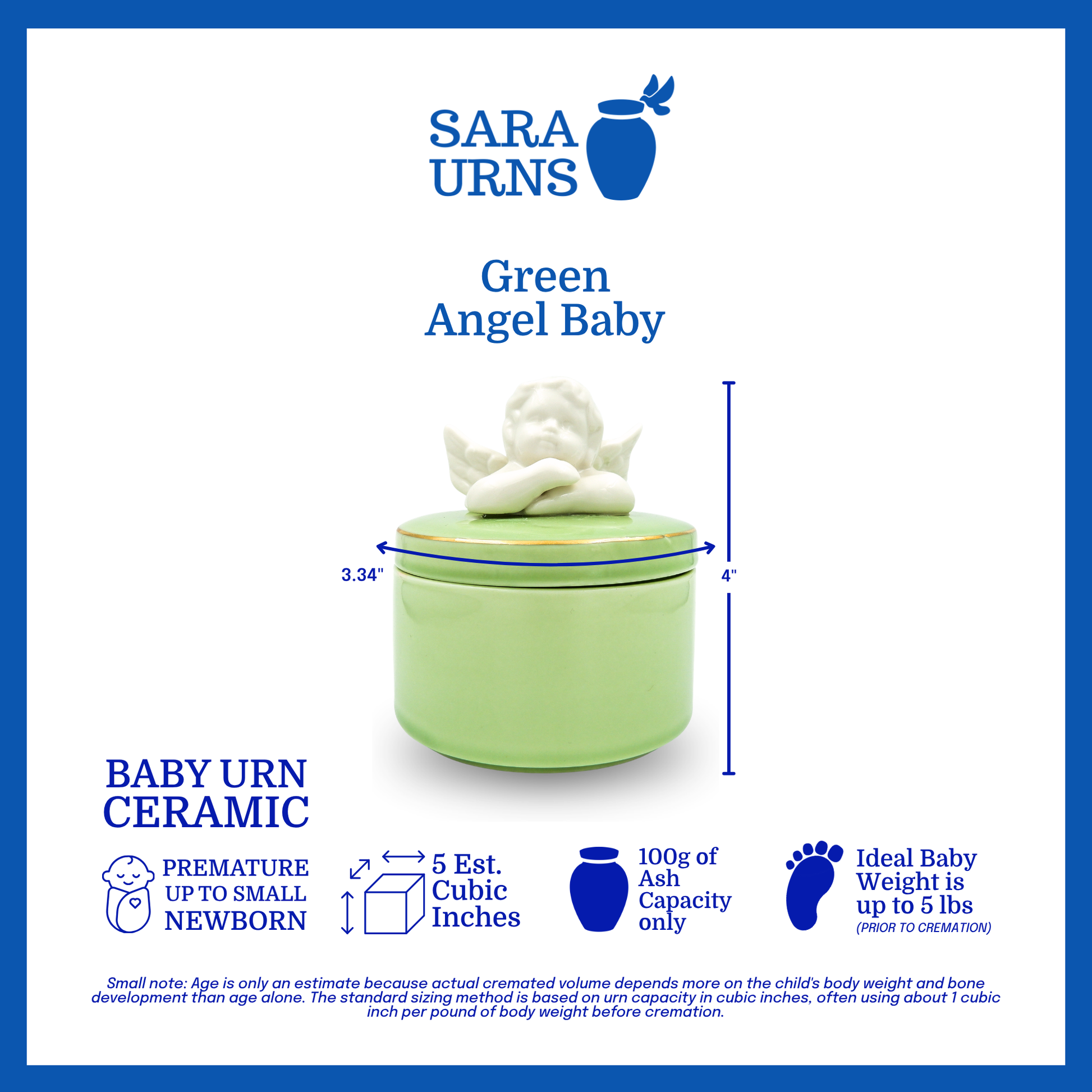 A green polished ceramic baby urn with a cherub lid that is specified as 3.34 inches in diameter, 4 inches tall and can fit up to 100 grams of capacity. The ideal baby weight is up to 5 pounds and the estimated age is premature up to a small newborn.