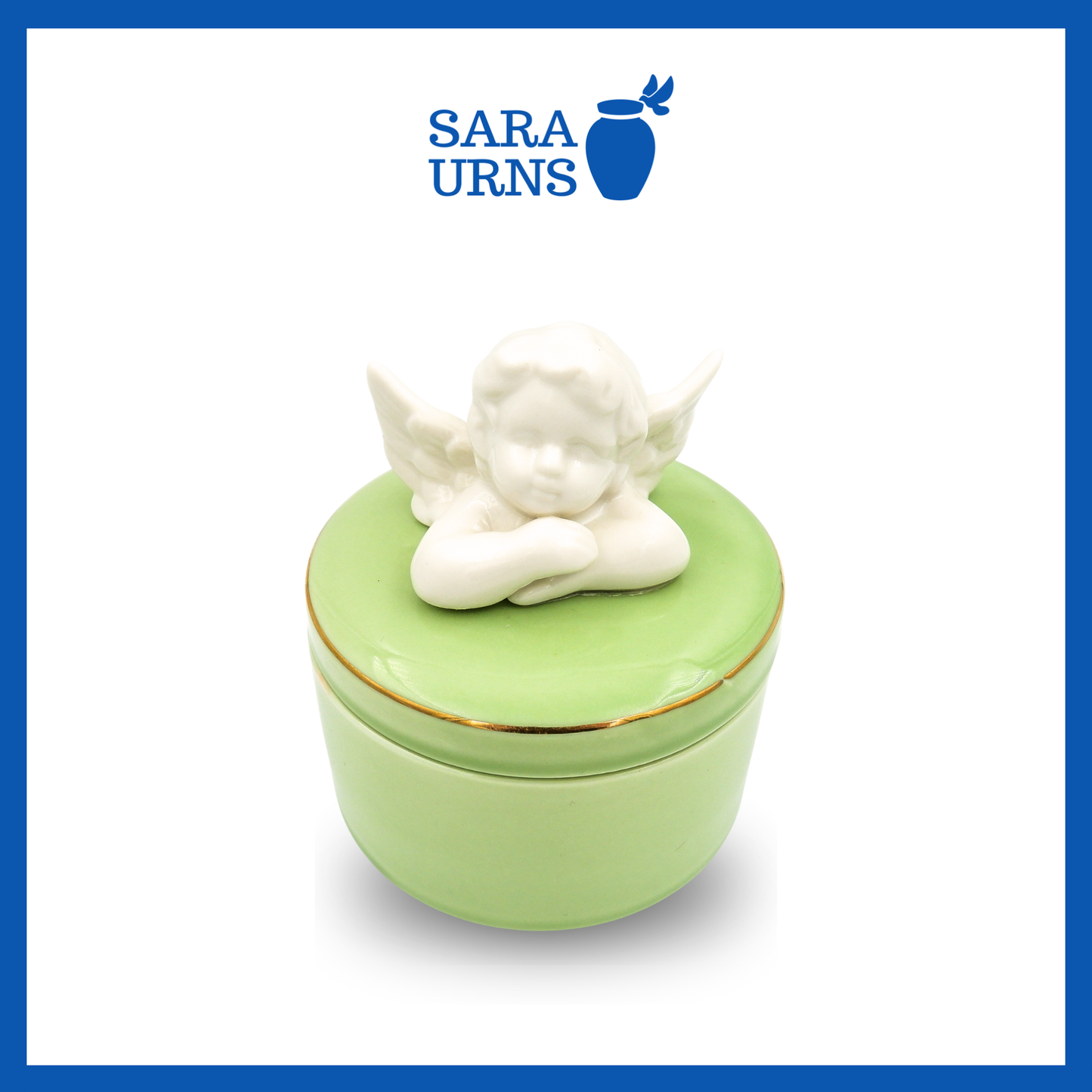 A higher angle of a green polished ceramic baby urn with a cherub lid over a white background.