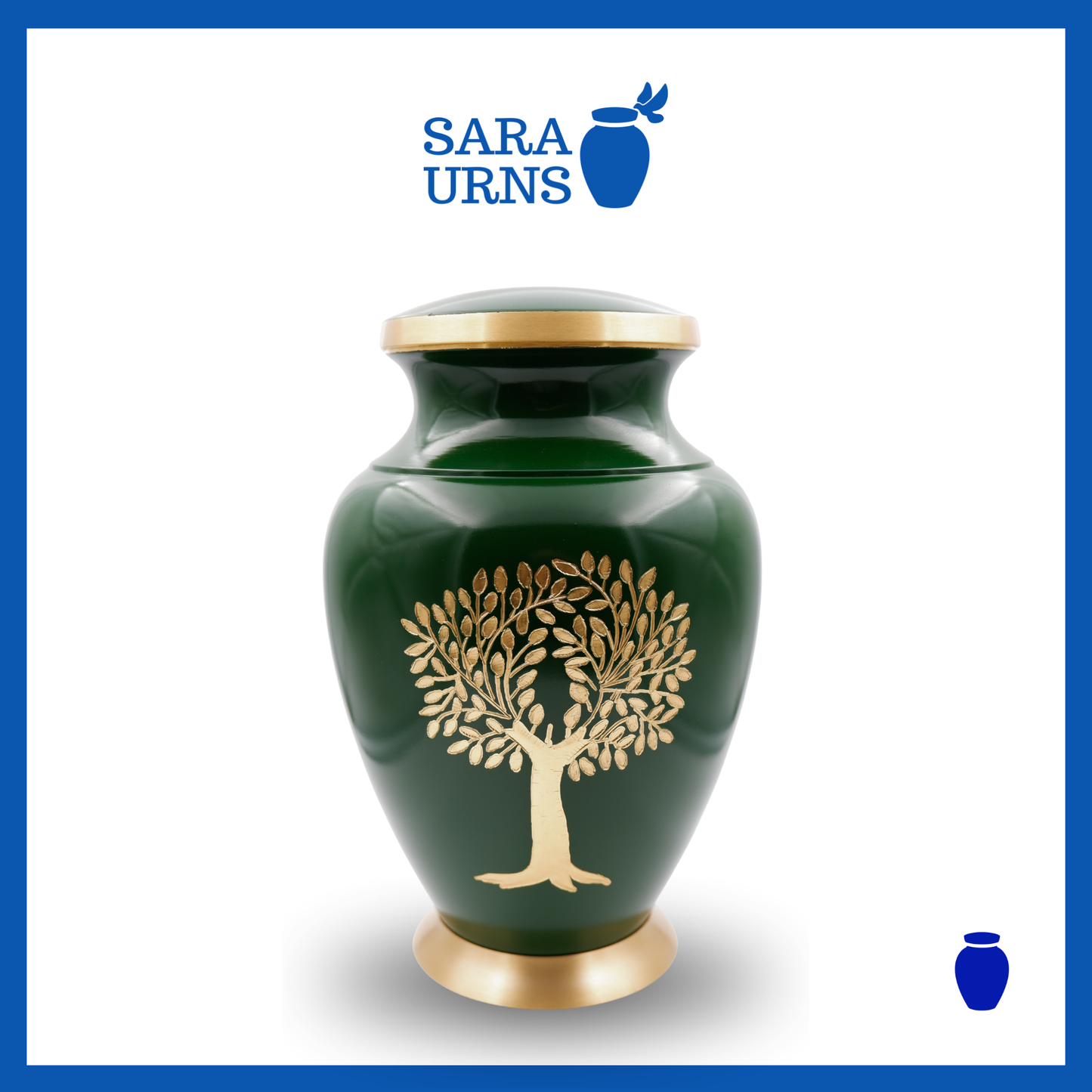 A green polished brass metal urn with an enamel finish and hand-etched tree of life detail over a white background.