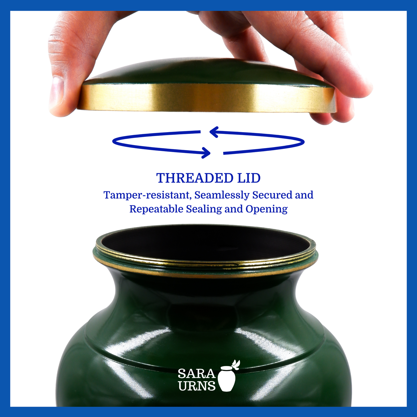 A presentation of a green polished brass metal urn’s threaded lid which highlights its safety and security.