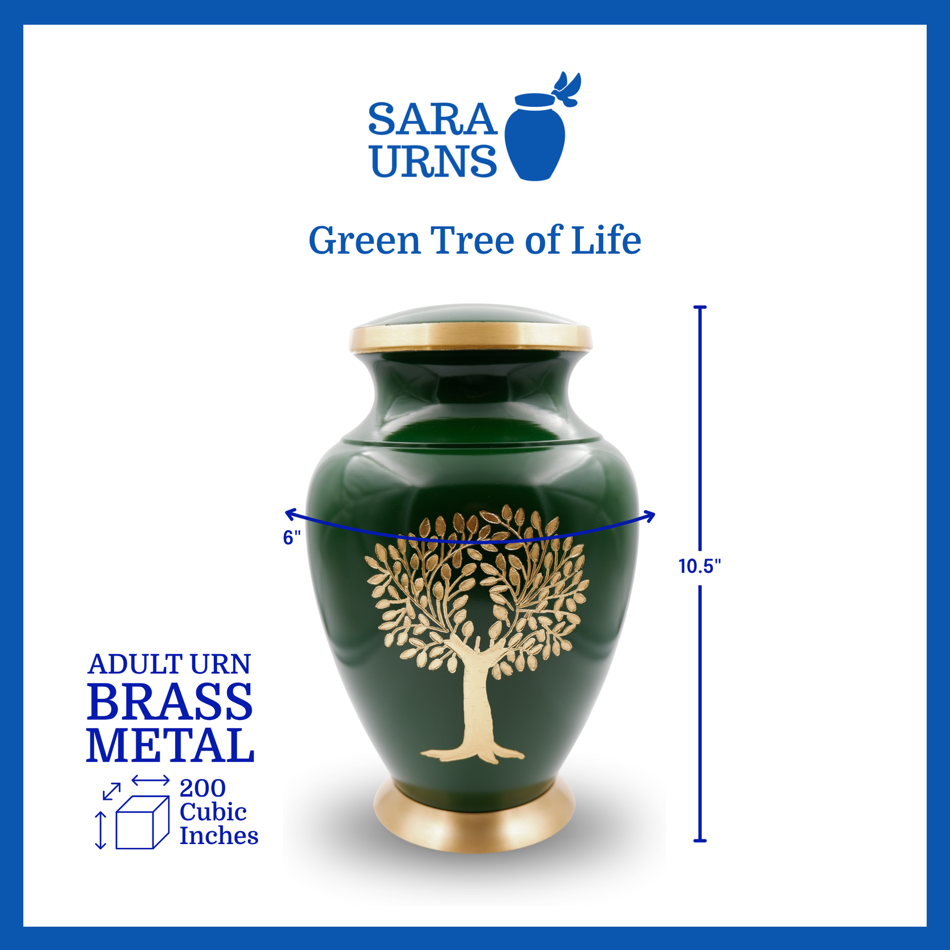 A green blue polished brass metal urn with a golden, hand-etched tree of life detail that is specified as 7 inches in diameter, 9.3  inches tall and is 200 cubic inches.