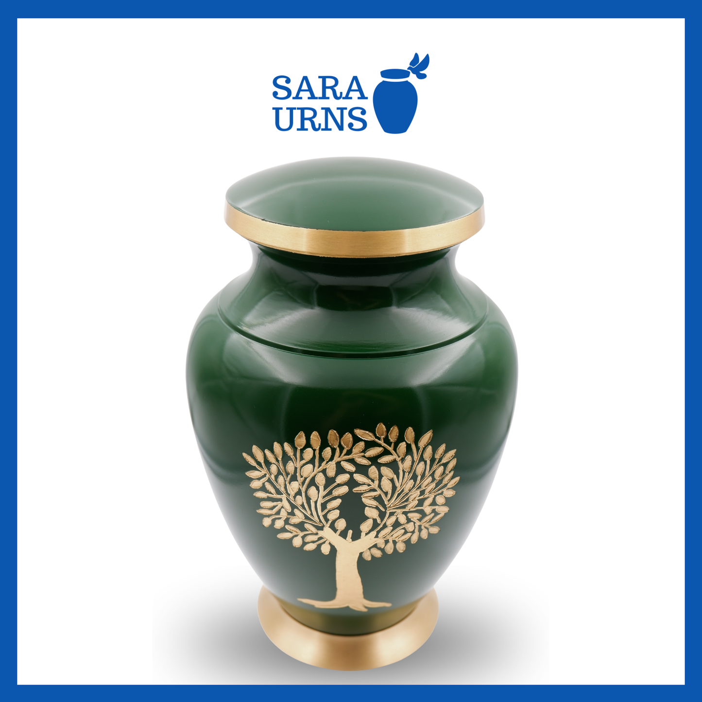 A higher angle of a green polished brass metal urn with a golden, hand-etched tree of life detail over a white background.