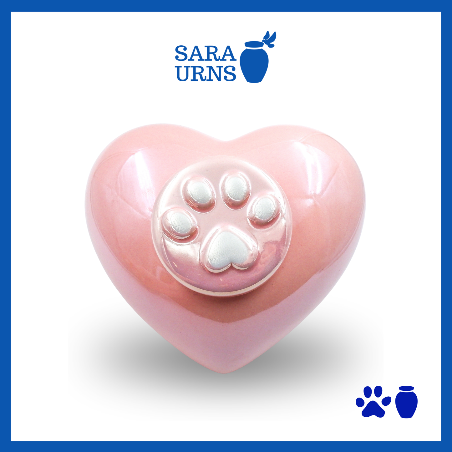 A heart-shaped pink ceramic pet urn with a pearly finish over a white background.