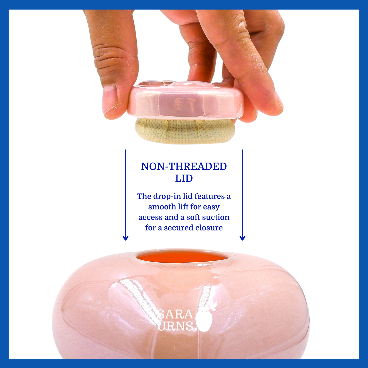 A presentation of a heart-shaped pink pearly ceramic pet urn’s non-threaded lid which highlights its accessibility.