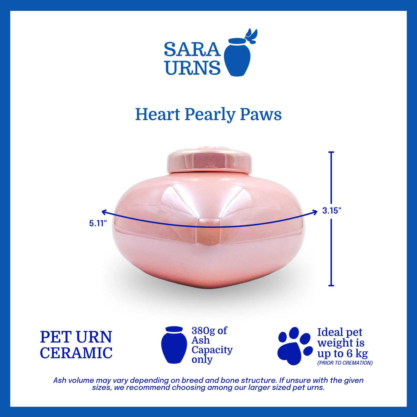 A heart-shaped pink pearly ceramic pet urn that is specified as 5.11 inches in width and 3.15 inches tall with an ash capacity of 380 grams.