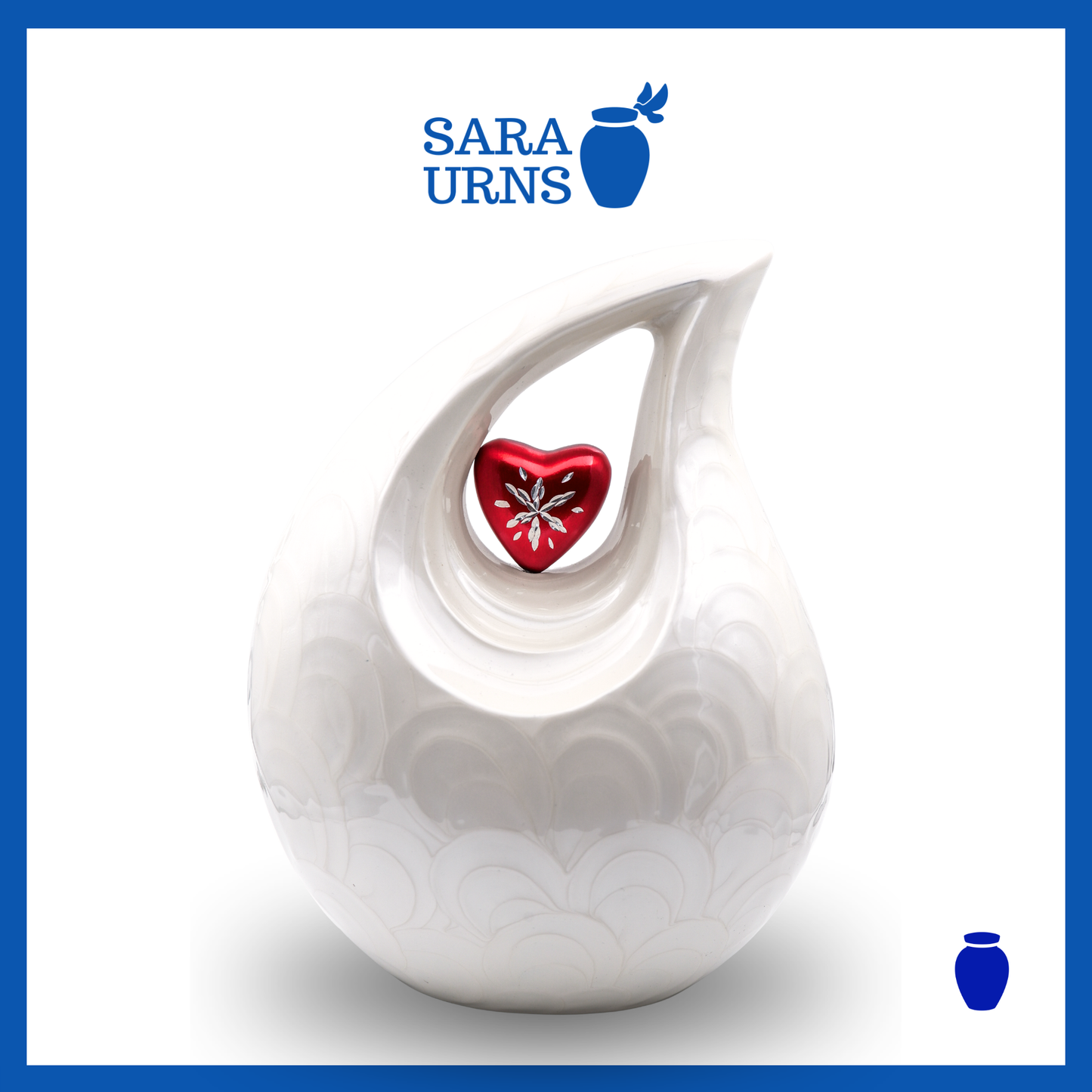 A white polished aluminum metal urn with a droplet shape and heart centerpiece over a white background.