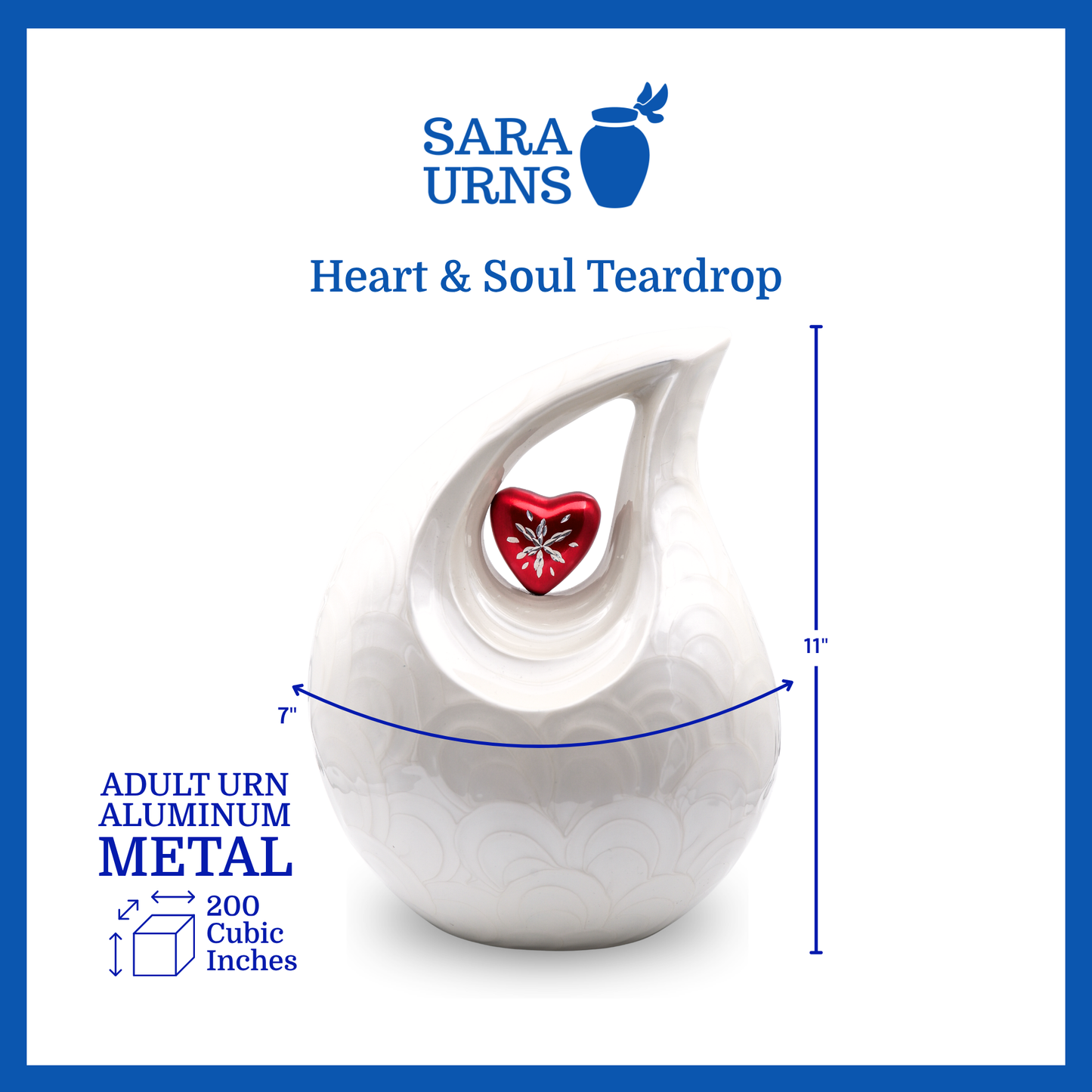 A white polished aluminum metal urn with a droplet shape and heart centerpiece that is specified as 7 inches in diameter, 11 inches tall and is 200 cubic inches.