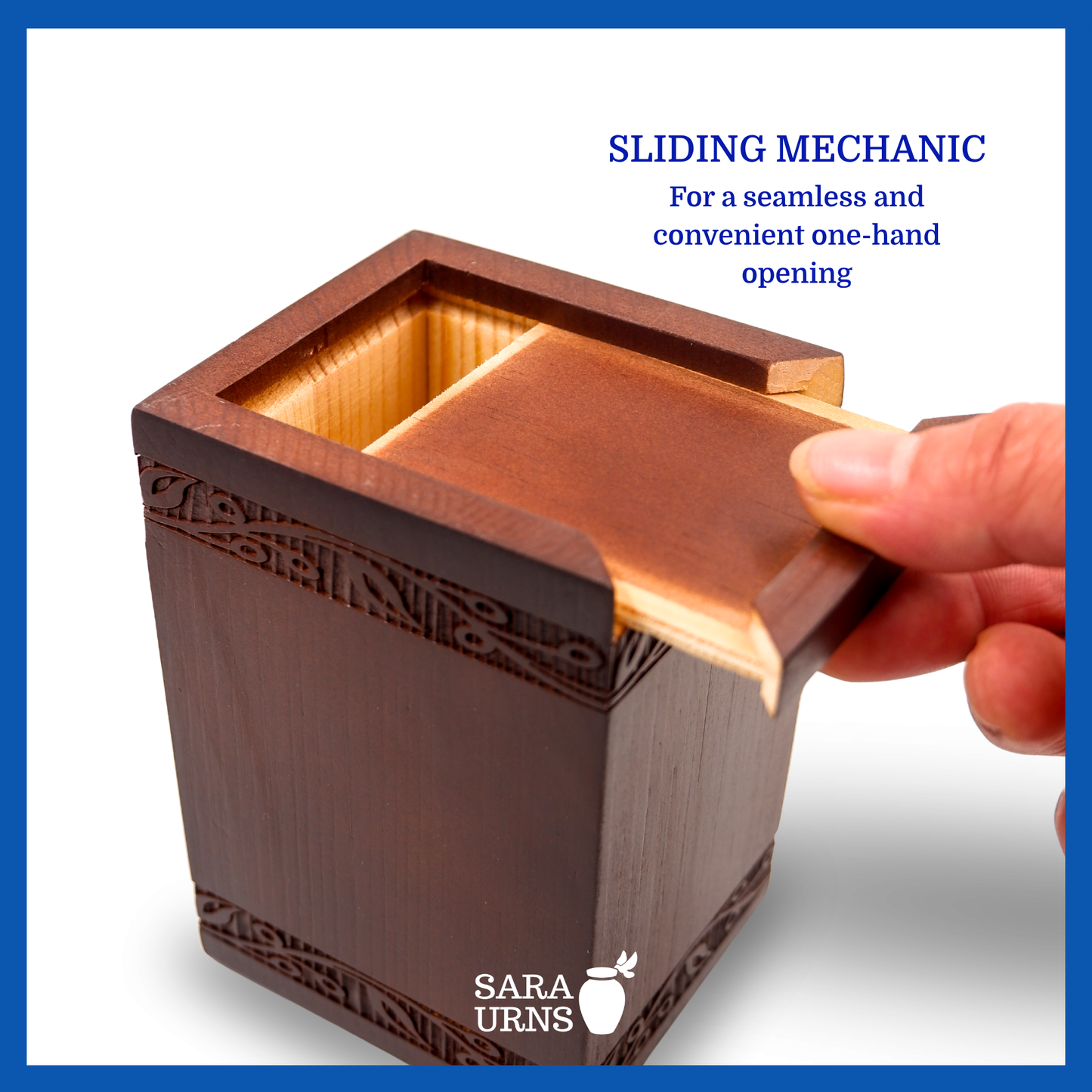 A presentation of a brown pine wooden keepsake urn’s sliding mechanic which highlights its seamless security.