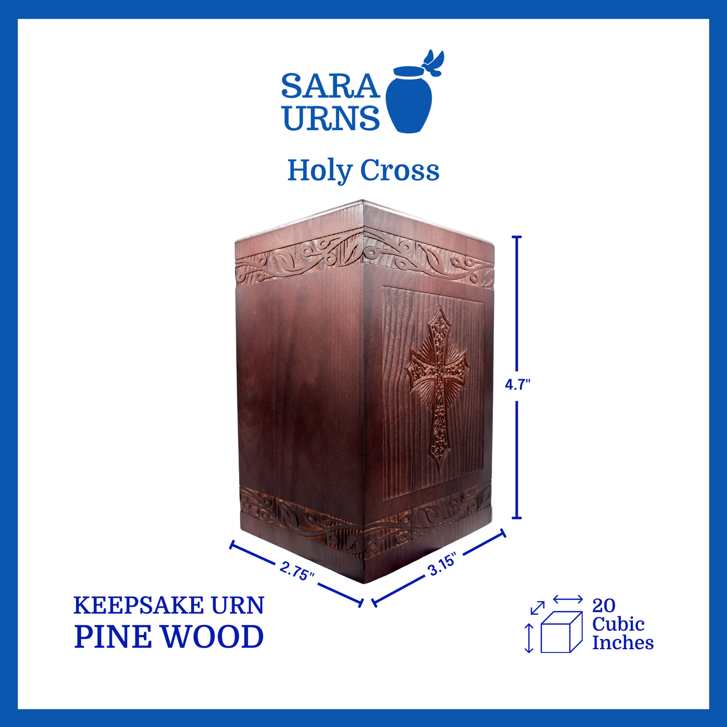A brown pine wooden keepsake urn that is specified as 4.7 inches in height, 3.15 inches in width, 2.75 inches in length and is 20 cubic inches.
