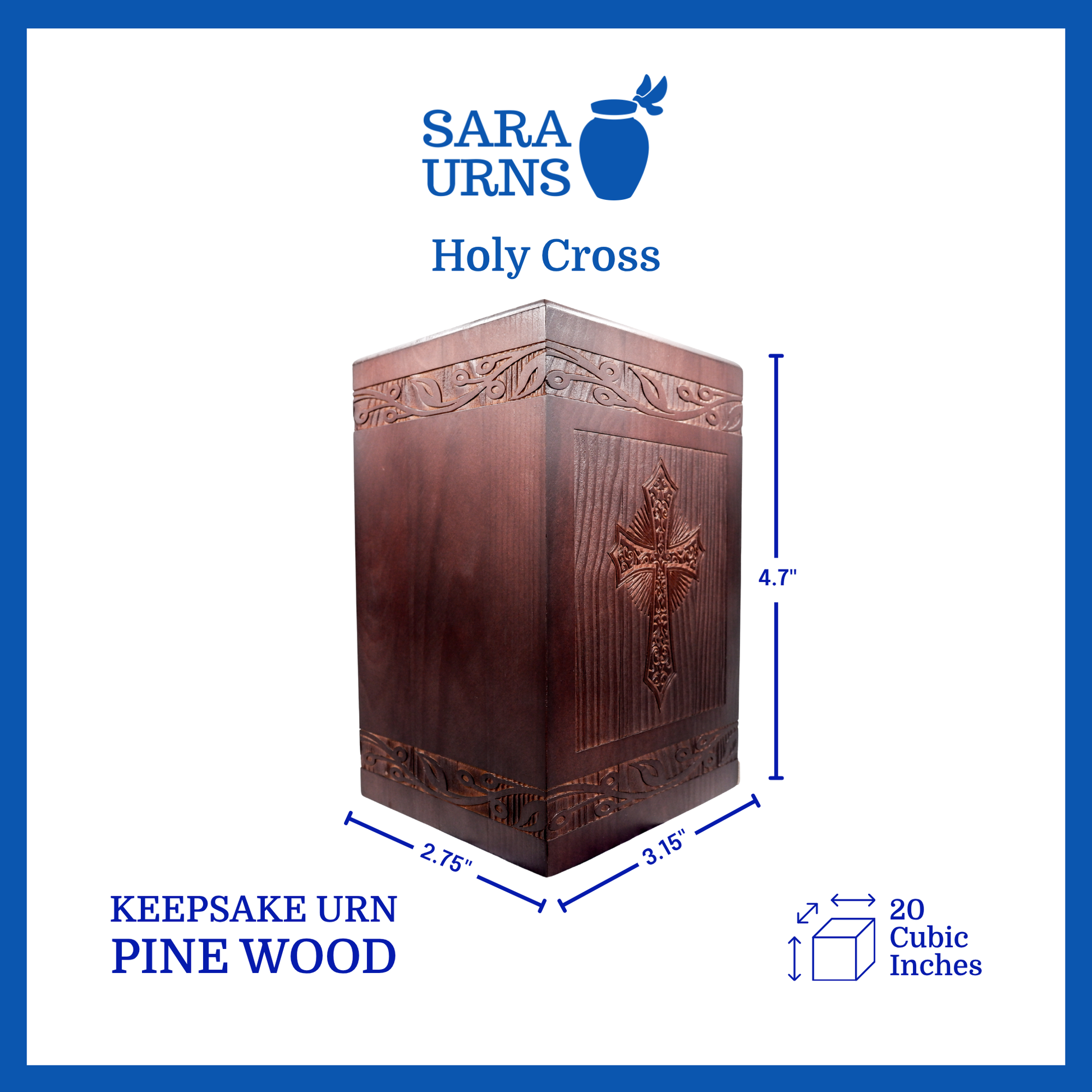 A brown pine wooden keepsake urn that is specified as 4.7 inches in height, 3.15 inches in width, 2.75 inches in length and is 20 cubic inches.