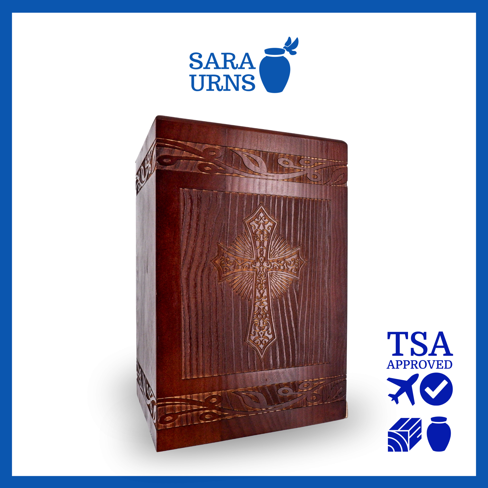 A brown pine wooden urn with an intricate engraving of the holy cross over a white background.