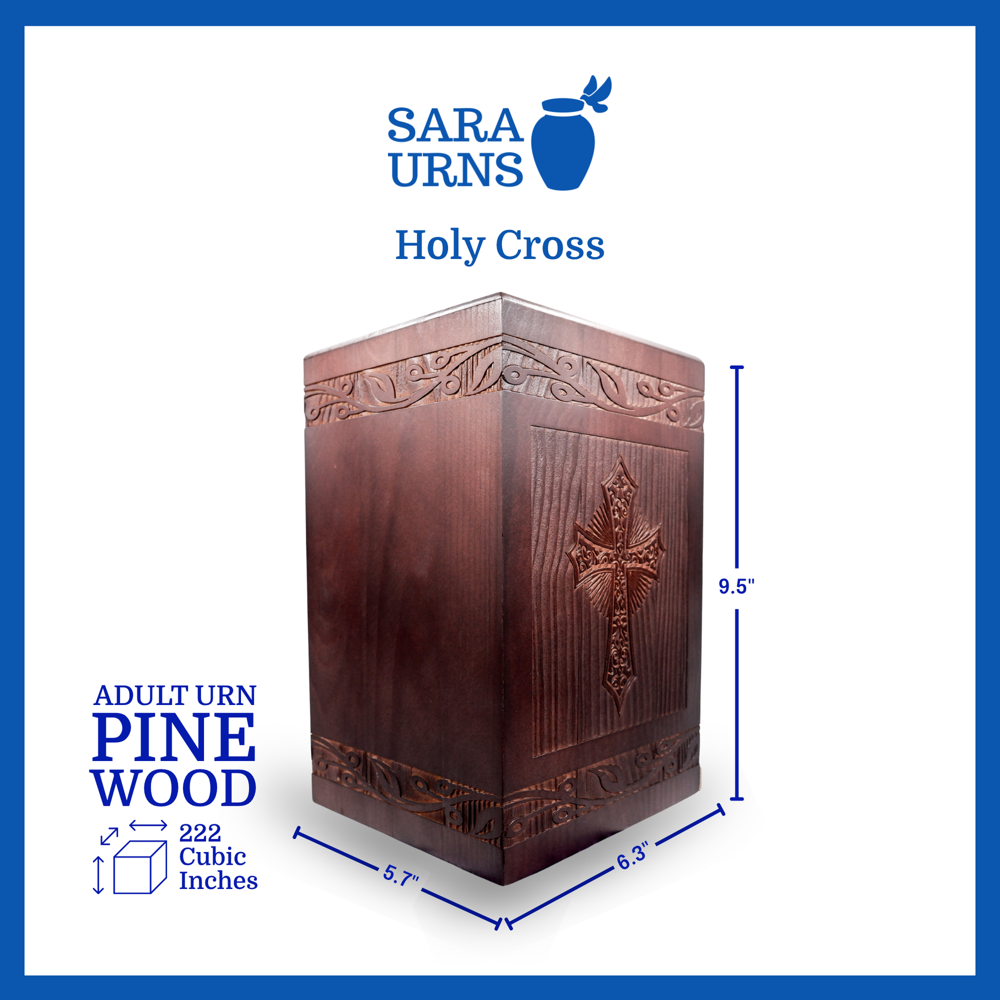 A brown pine wooden urn that is specified as 9.5 inches in height, 5.7 inches in width, 6.3 inches in length and is 222 cubic inches.