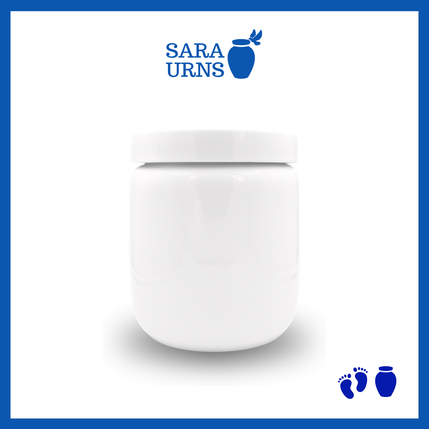 A large, all-white polished ceramic baby urn over a white background.