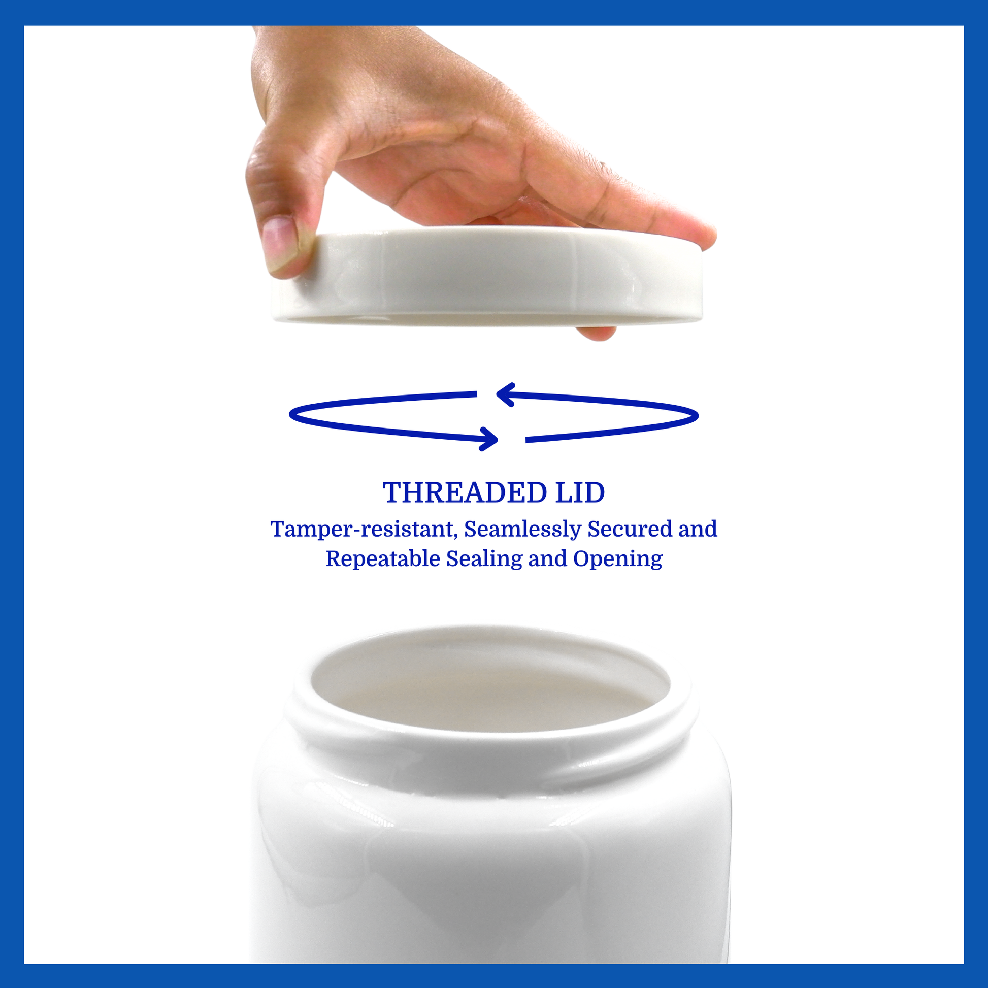 A presentation of a large, all-white polished ceramic baby urn’s threaded lid which highlights its security.