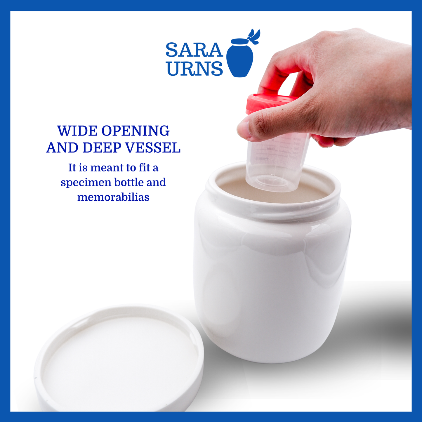 A presentation of a large, all-white polished ceramic baby urn that showcases its wide opening and deep design that is meant to fit a specimen bottle and memorabilias.