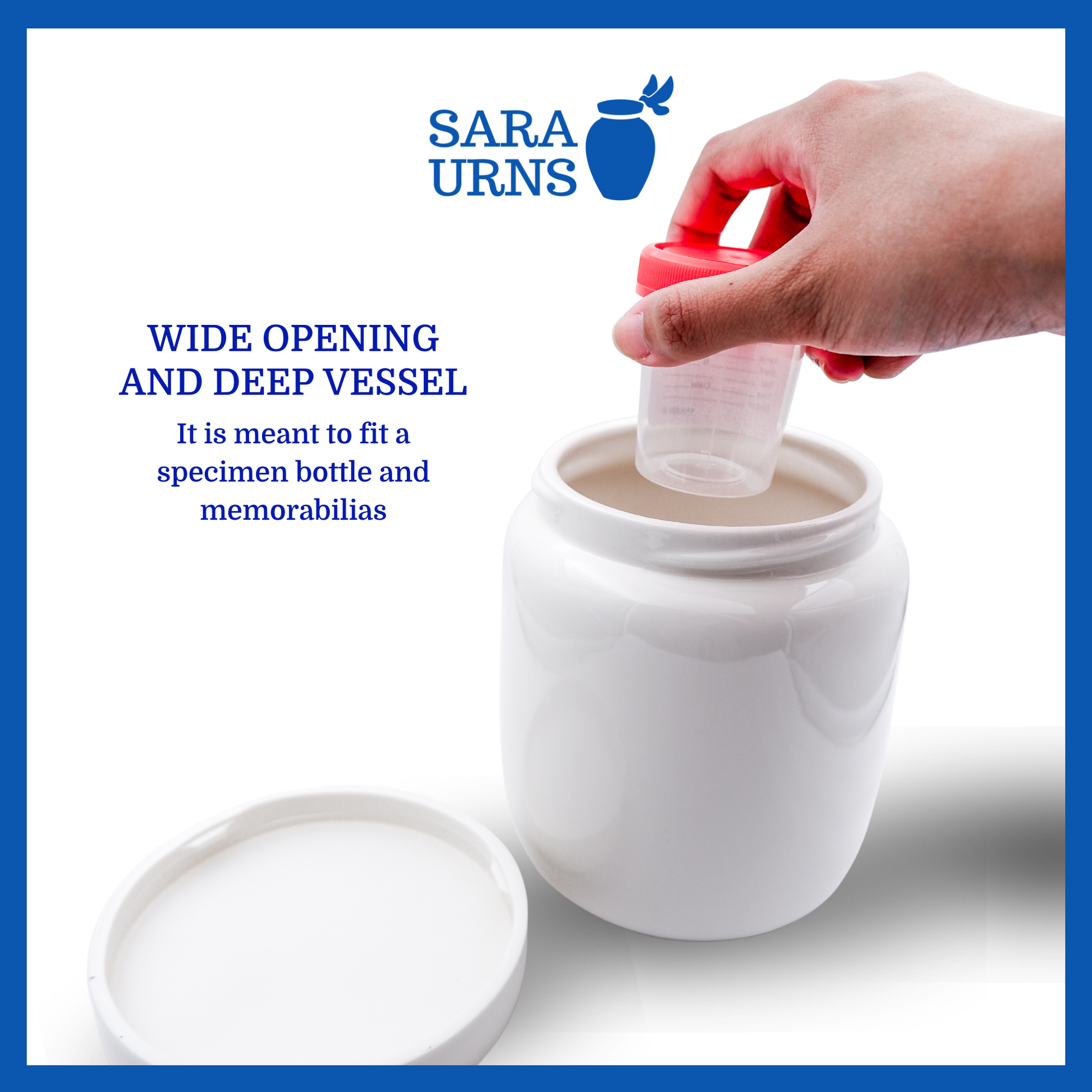 A presentation of a large, all-white polished ceramic baby urn that showcases its wide opening and deep design that is meant to fit a specimen bottle and memorabilias.