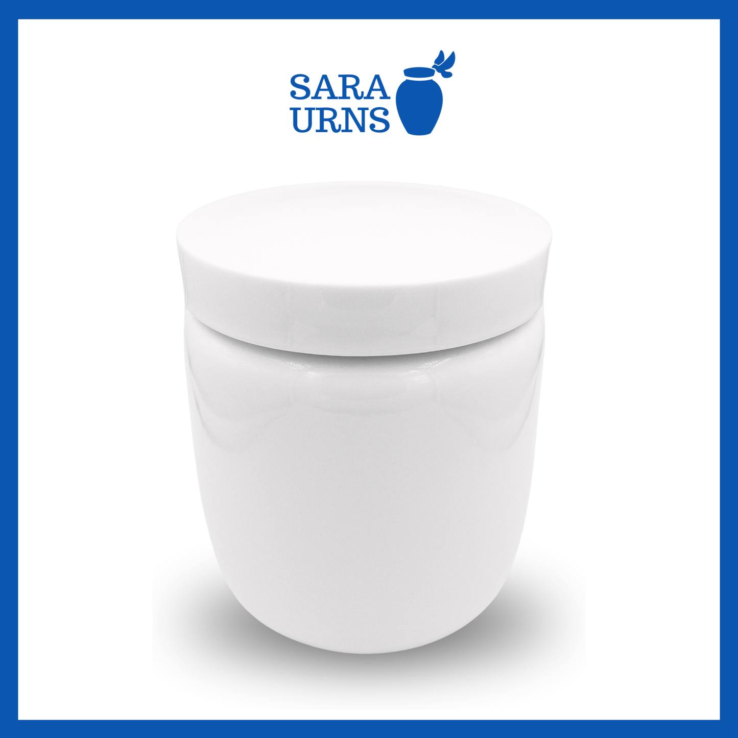 A higher angle of a large, all-white polished ceramic baby urn with a classic design and shape over a white background.
