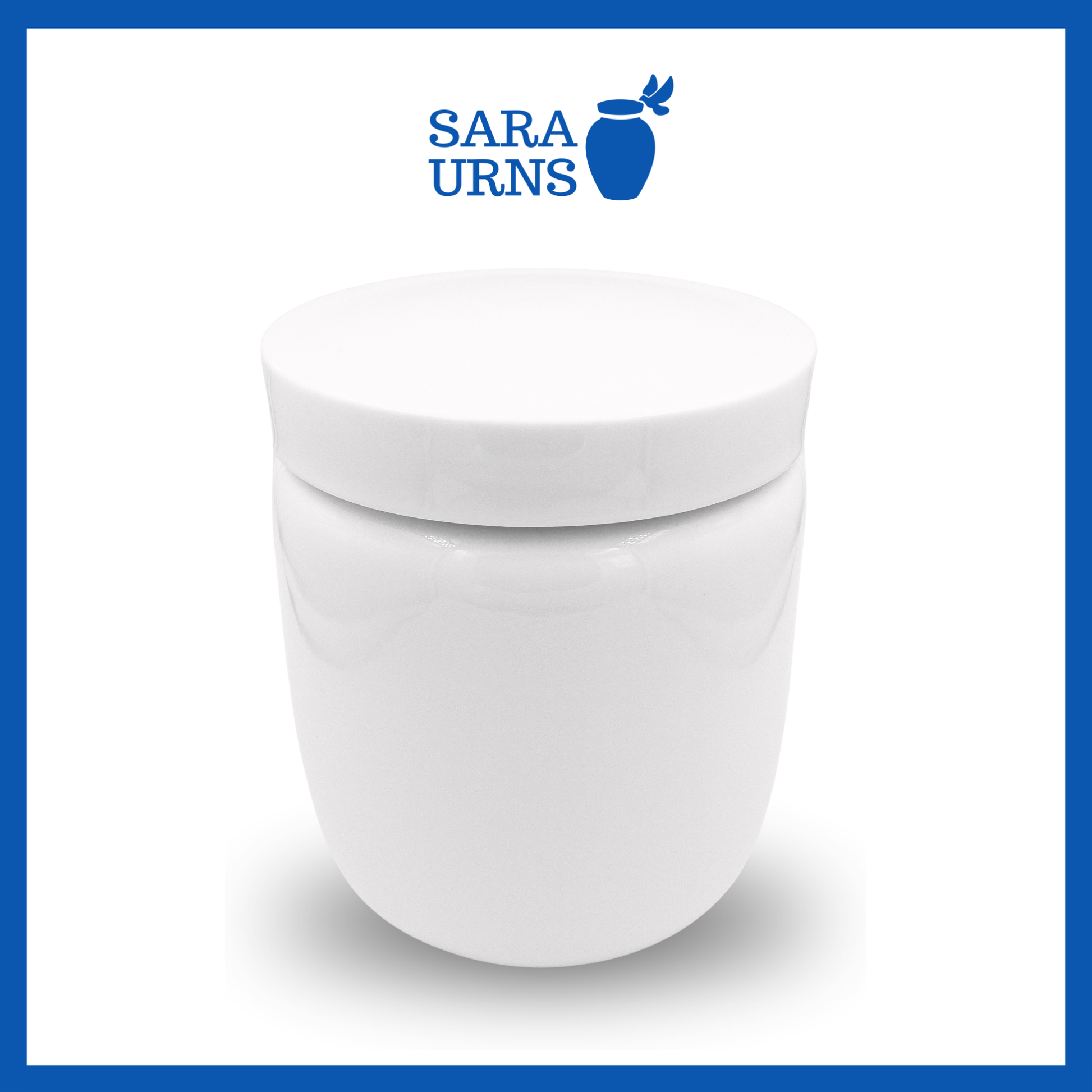 A higher angle of a large, all-white polished ceramic baby urn with a classic design and shape over a white background.