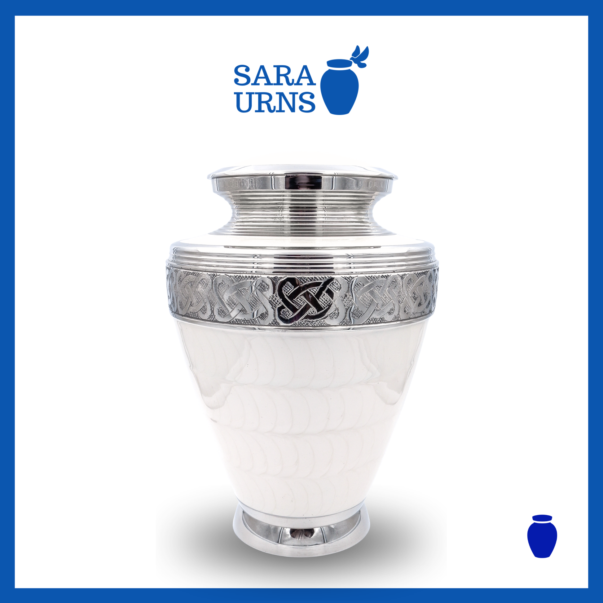 A white polished brass metal urn with silver hand-etched knot details over a white background.