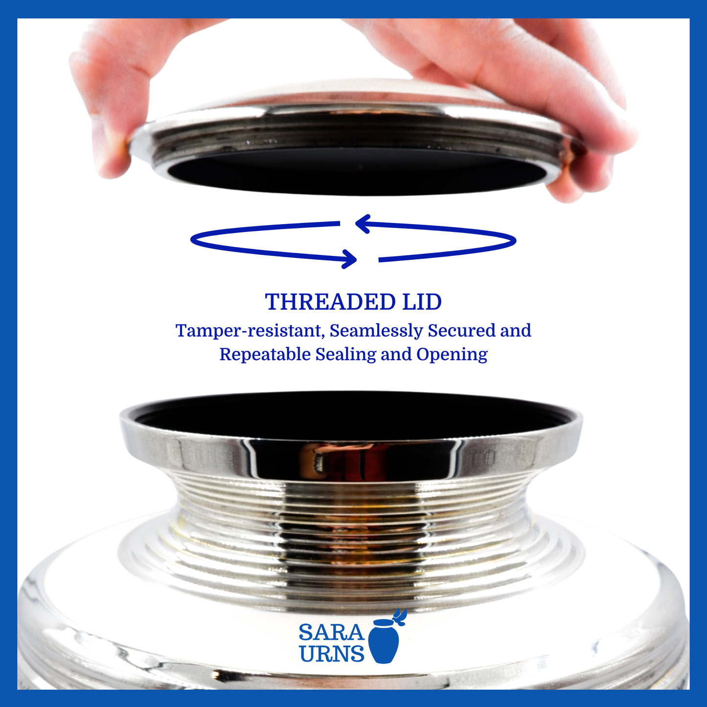 A presentation of a white polished brass metal urn’s threaded lid which highlights its safety and security.
